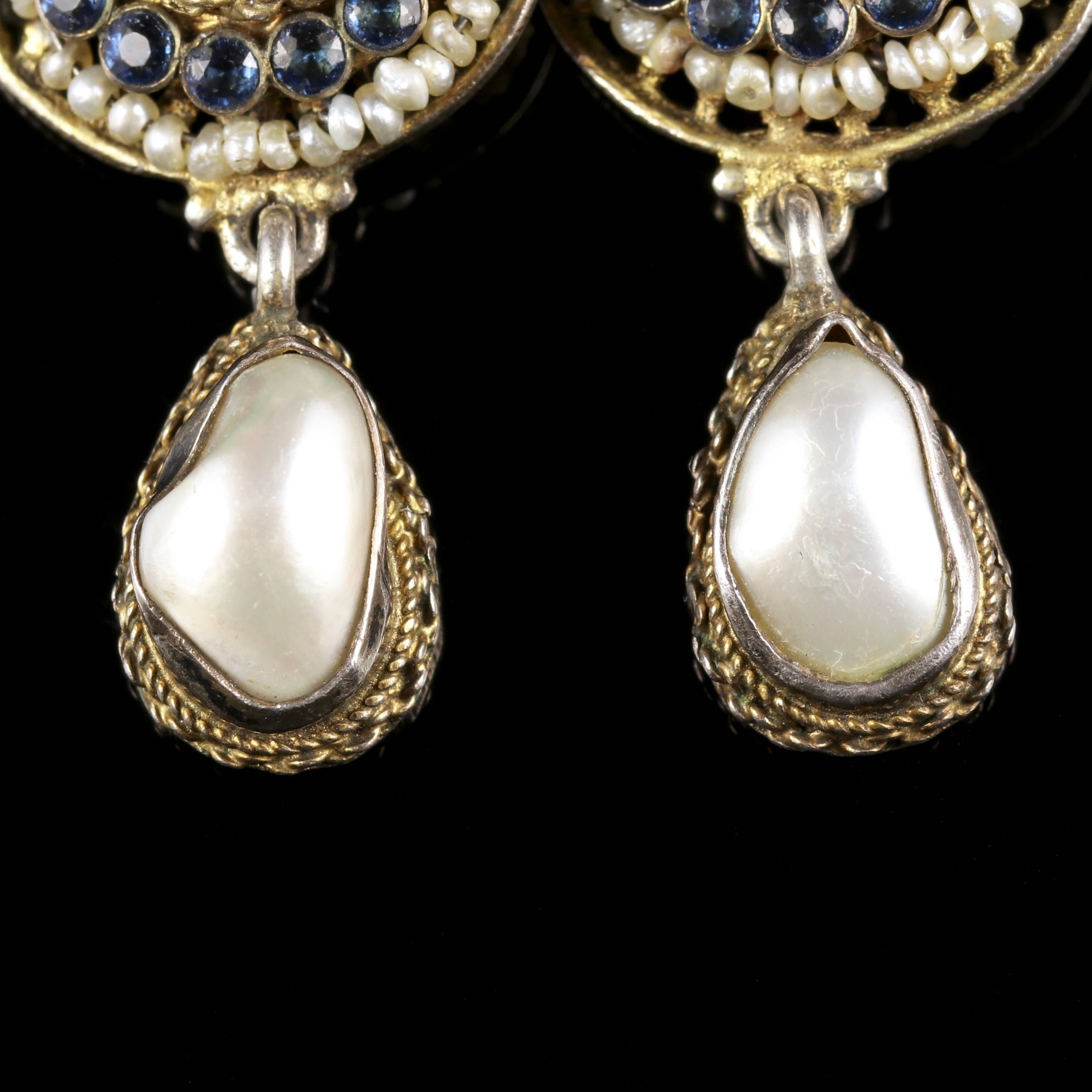 Antique Victorian Long Sapphire Baroque Pearl Earrings In Excellent Condition In Lancaster, Lancashire