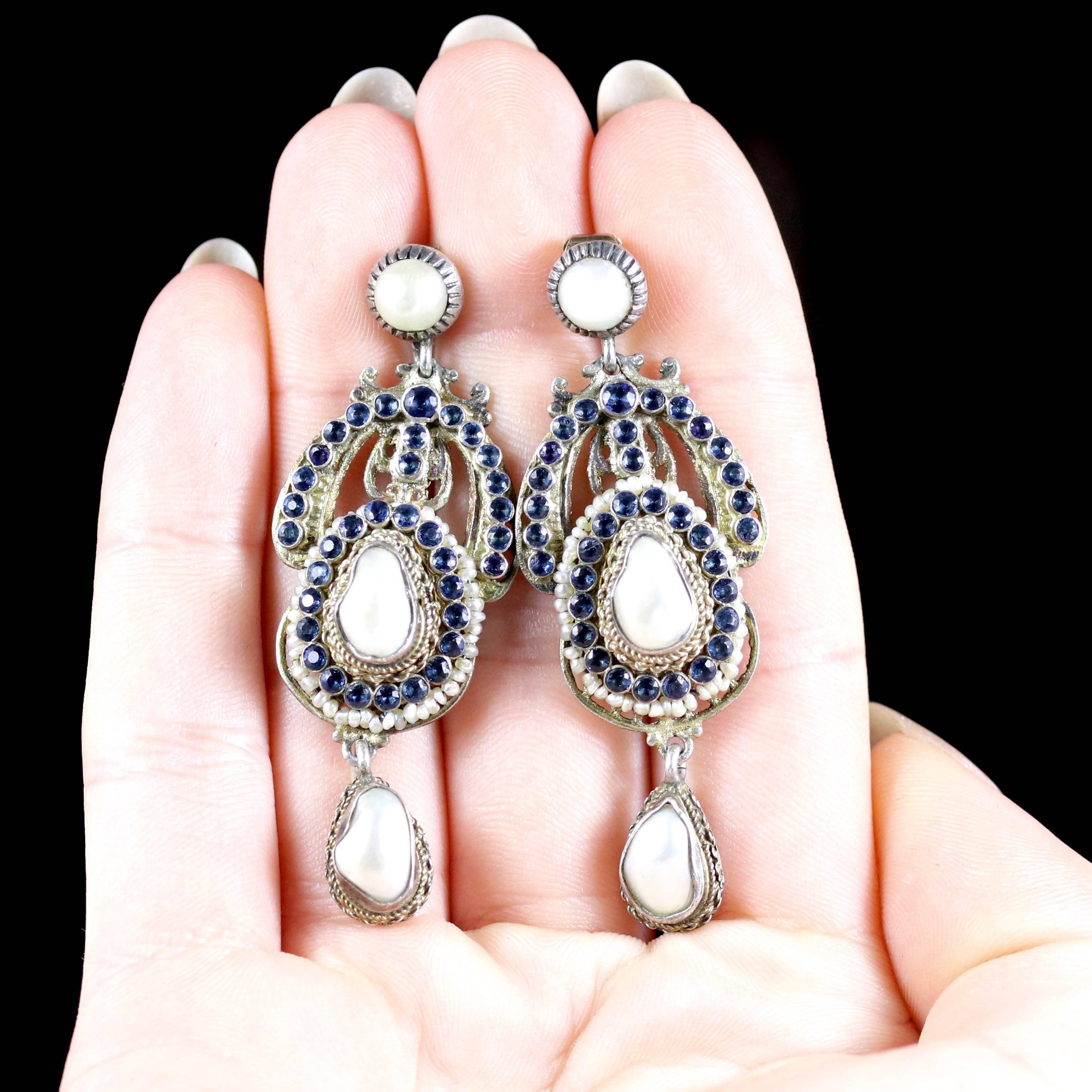 Antique Victorian Long Sapphire Baroque Pearl Earrings 6