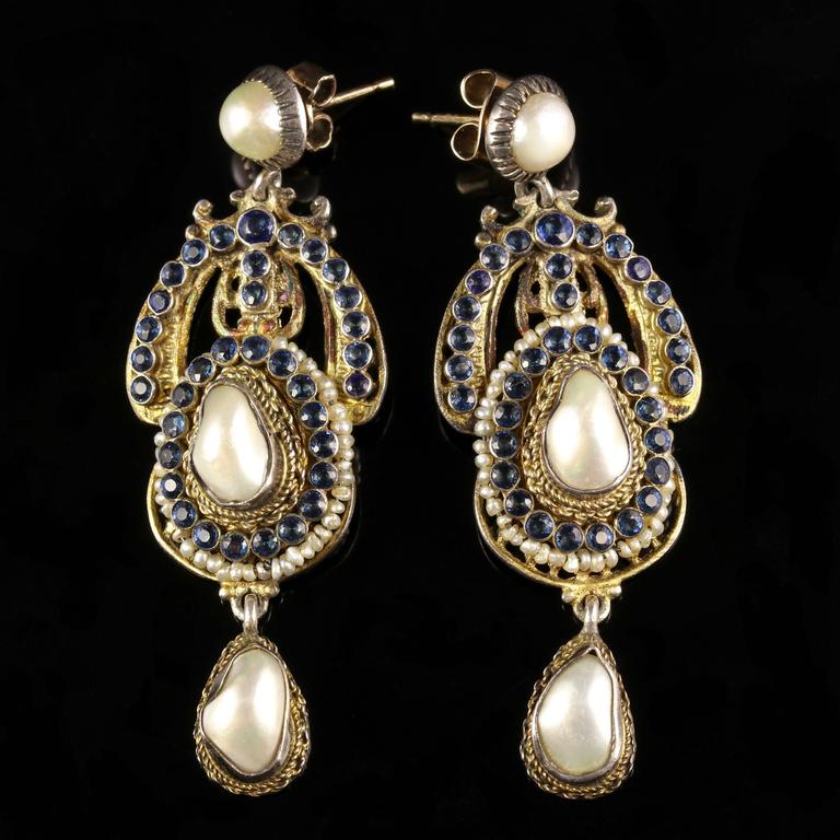 Antique Victorian Long Sapphire Baroque Pearl Earrings at 1stDibs