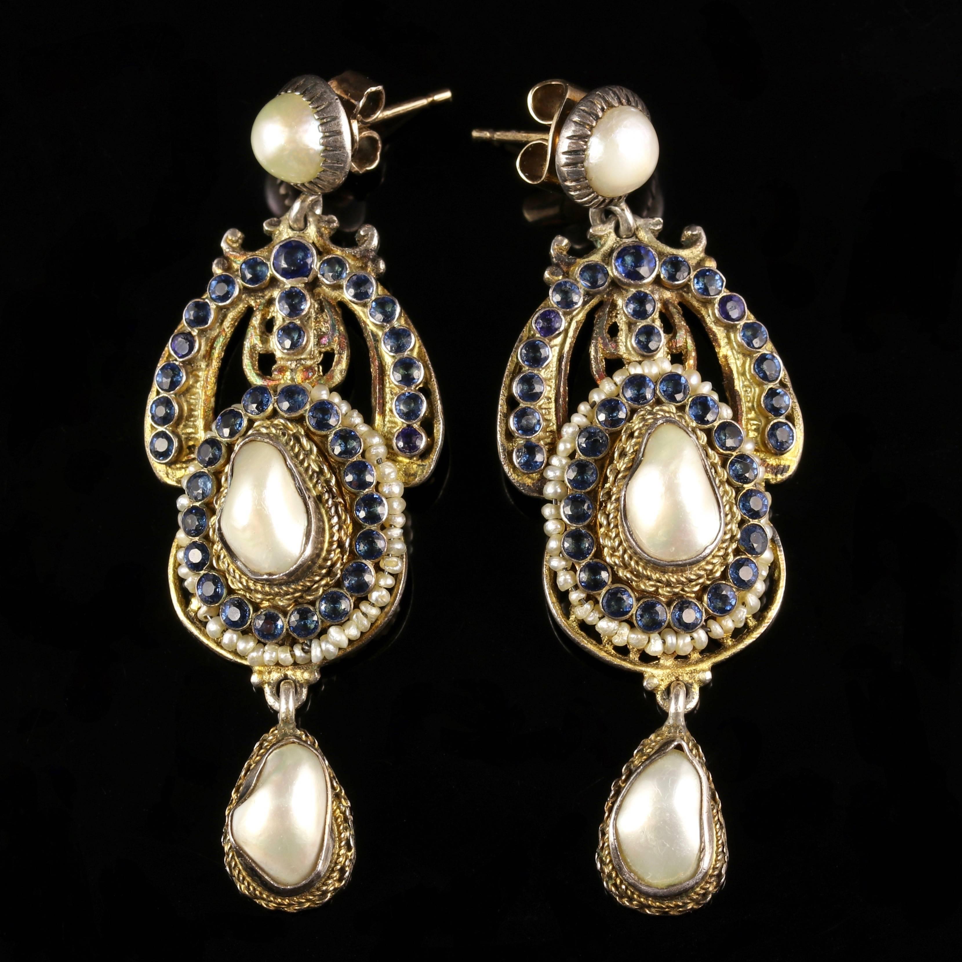 Women's Antique Victorian Long Sapphire Baroque Pearl Earrings