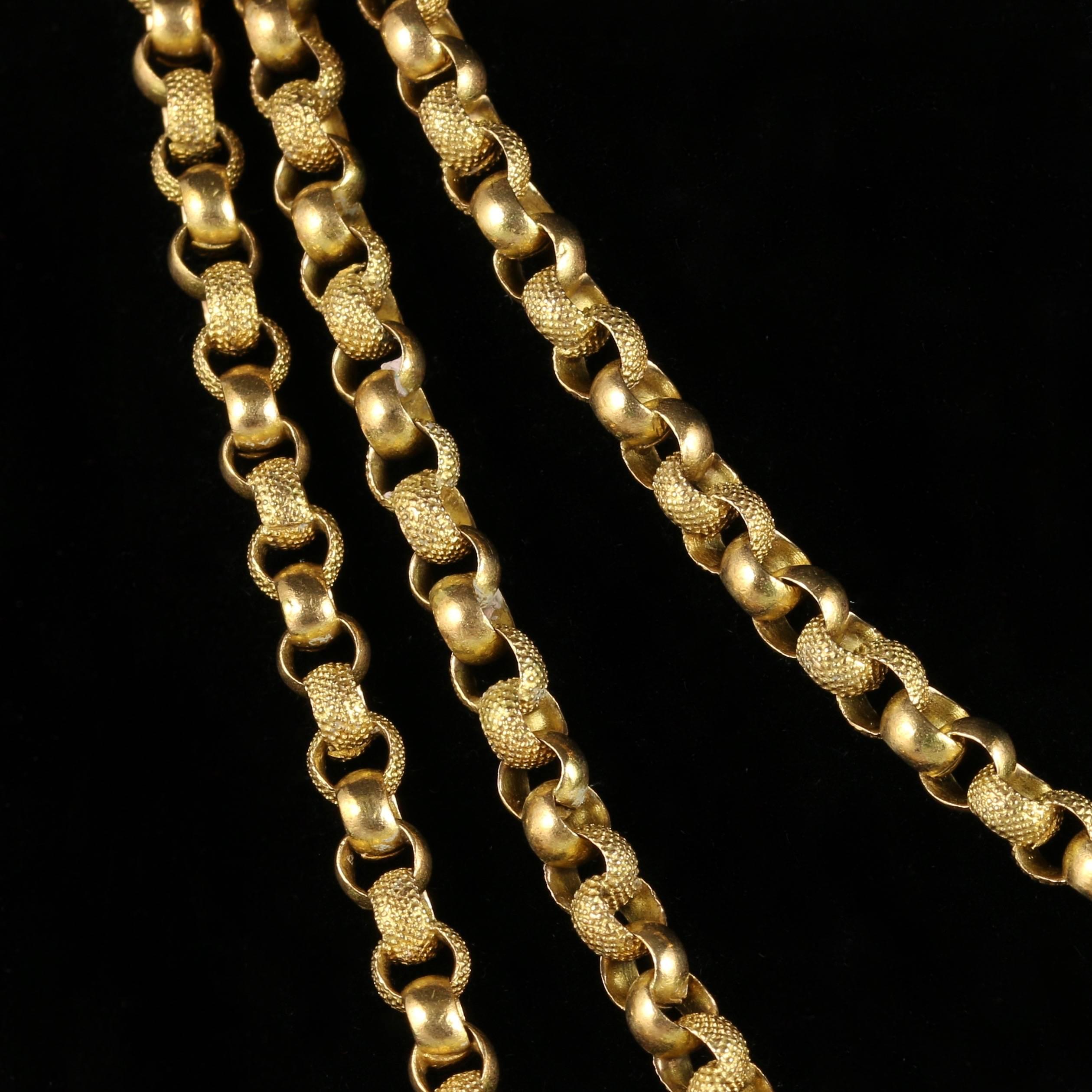 This fabulous long Georgian chain is 18th Century, Circa 1780.

It is absolutely breath-taking in workmanship, each link is hand made leading to an original trigger clasp.

The necklace is 18ct Gold on pinchbeck

It can be worn over the head or