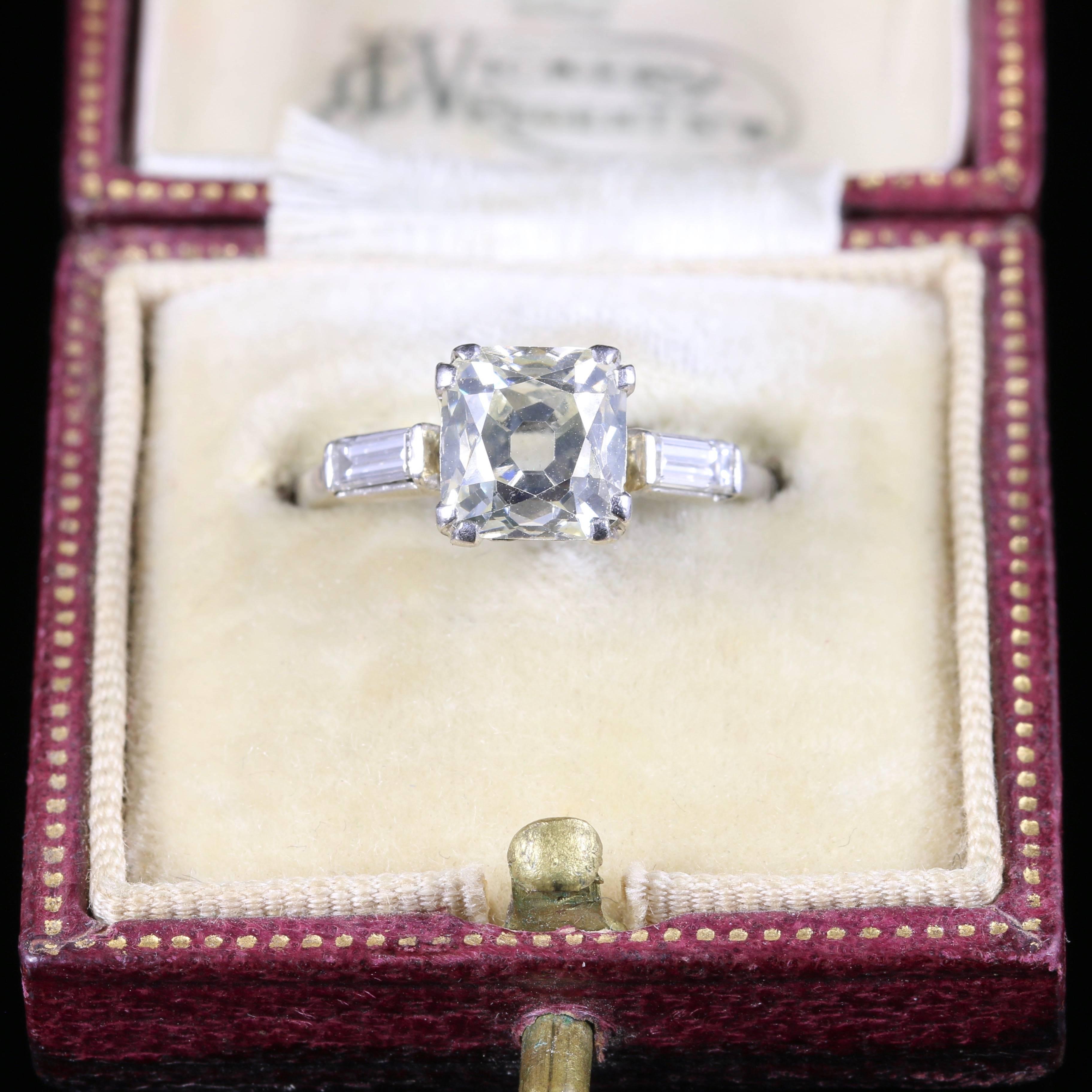 Art Deco Diamond Platinum 2 Carat Cushion Cut Solitaire Engagement Ring 2