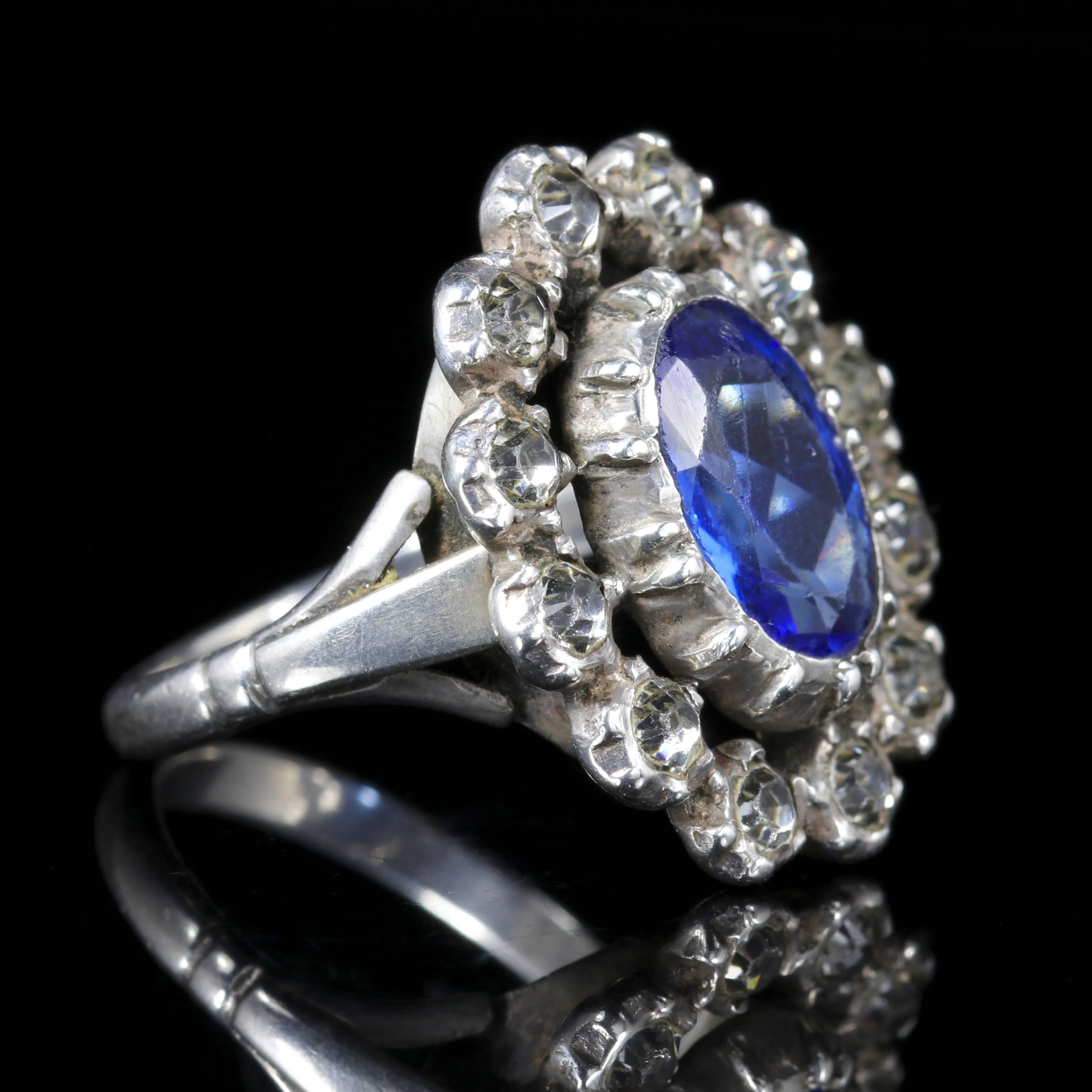 Antique Georgian Blue White Paste Silver Ring, circa 1800 In Excellent Condition For Sale In Lancaster, Lancashire