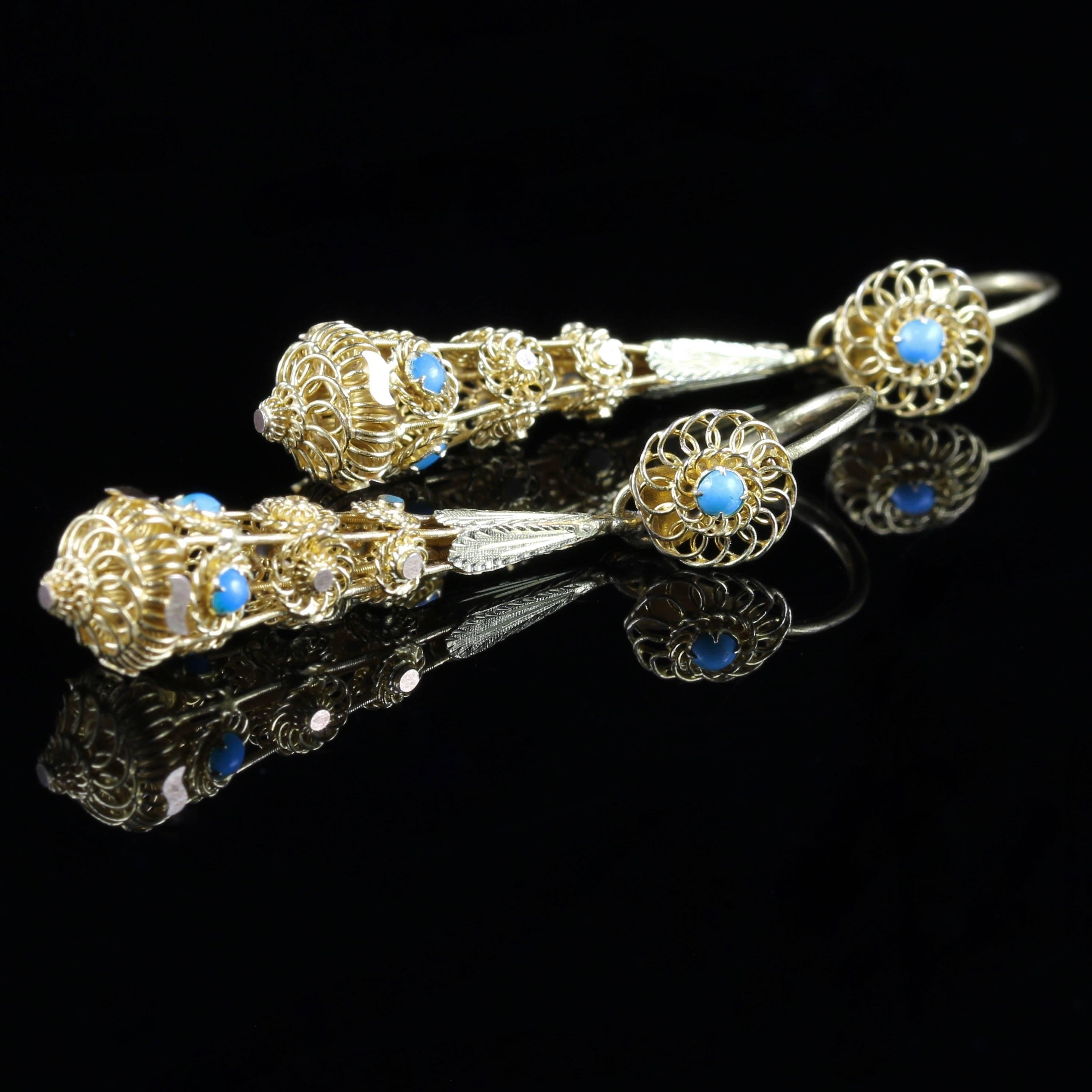 Antique Victorian Turquoise Gold Earrings, Night and Day, circa 1860 In Excellent Condition In Lancaster, Lancashire