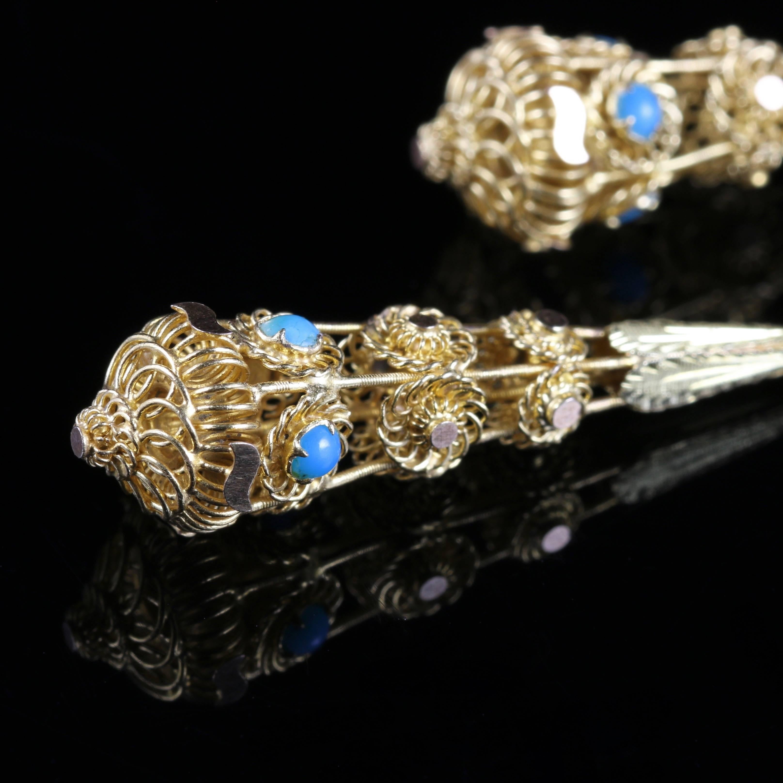 Antique Victorian Turquoise Gold Earrings, Night and Day, circa 1860 1
