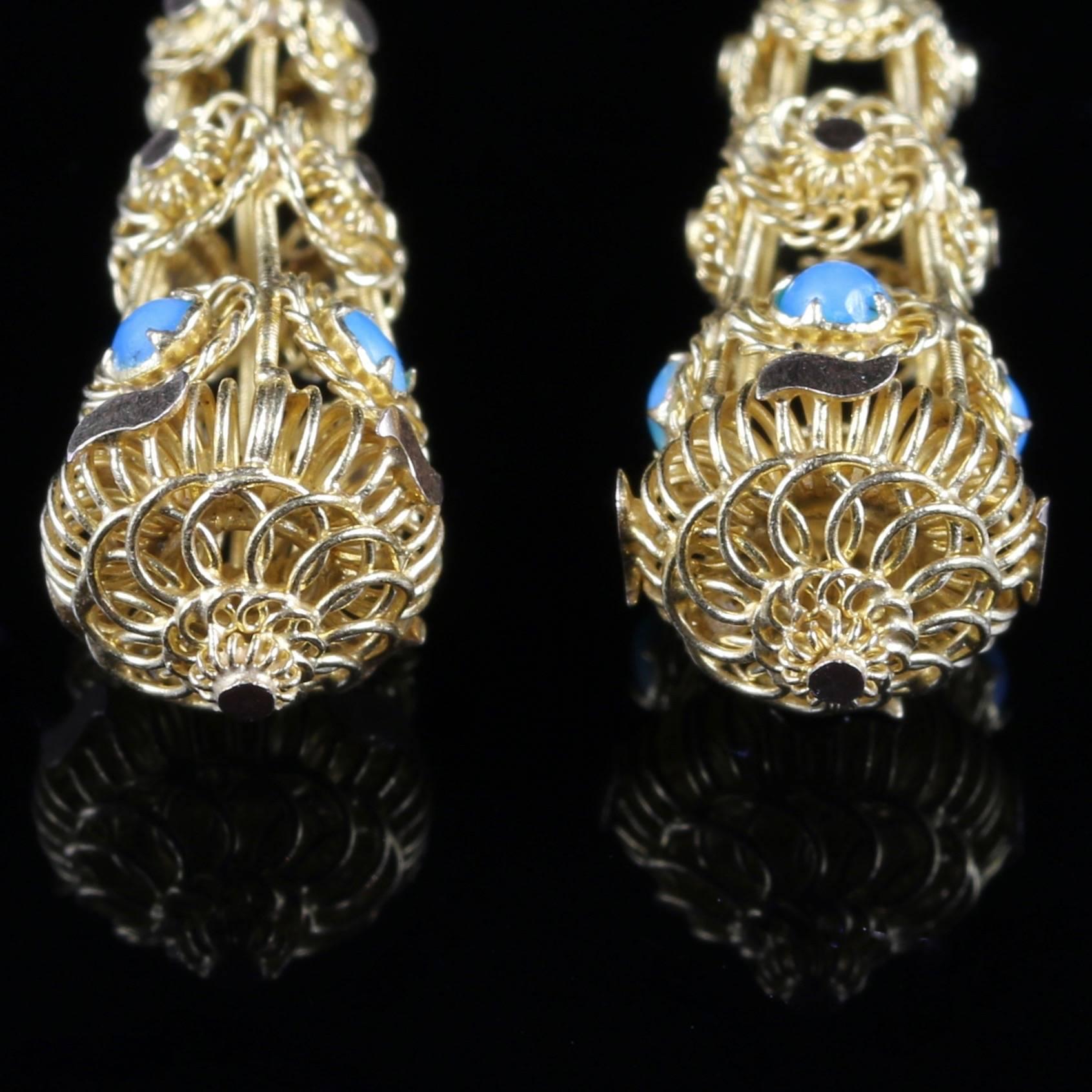 Antique Victorian Turquoise Gold Earrings, Night and Day, circa 1860 2