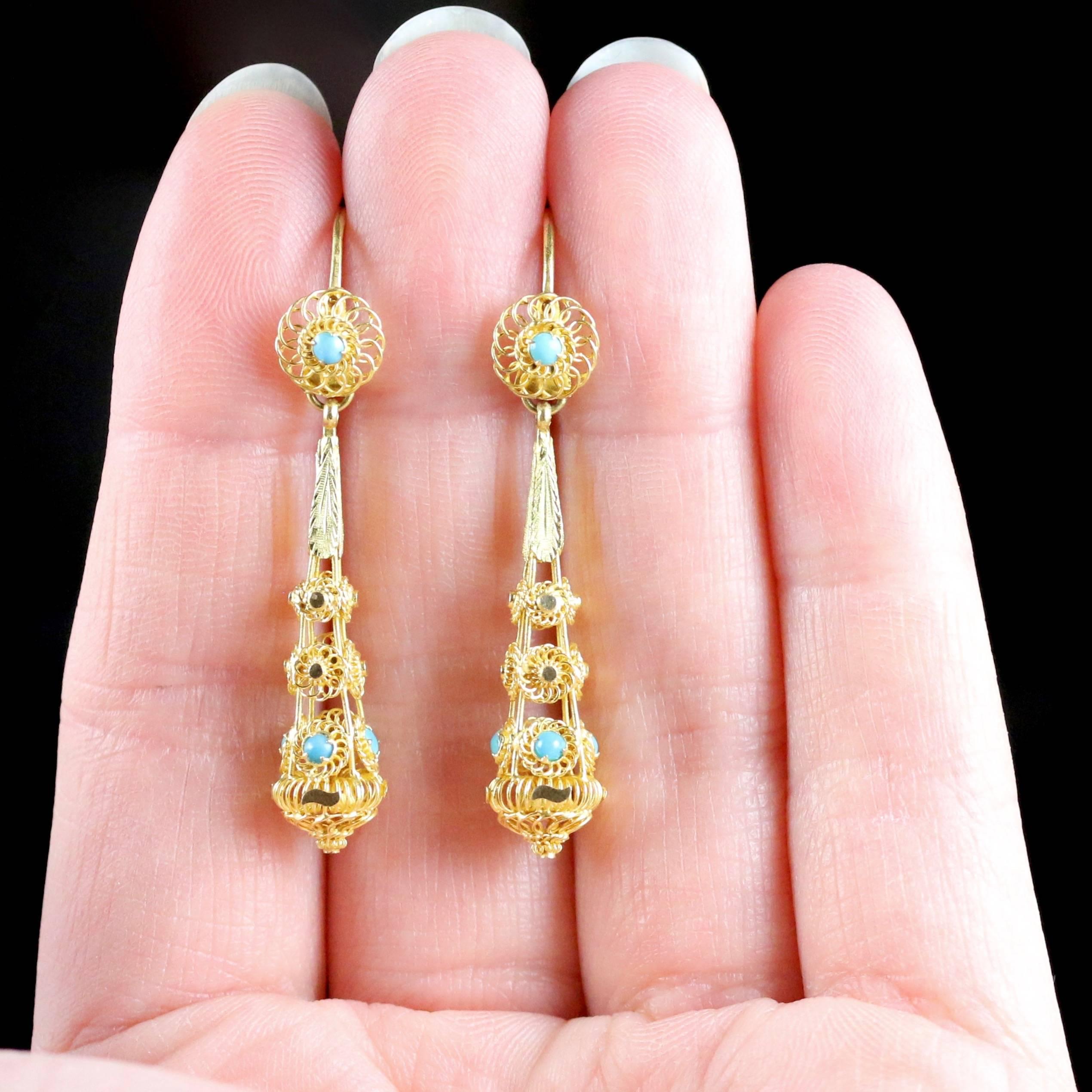 Antique Victorian Turquoise Gold Earrings, Night and Day, circa 1860 4