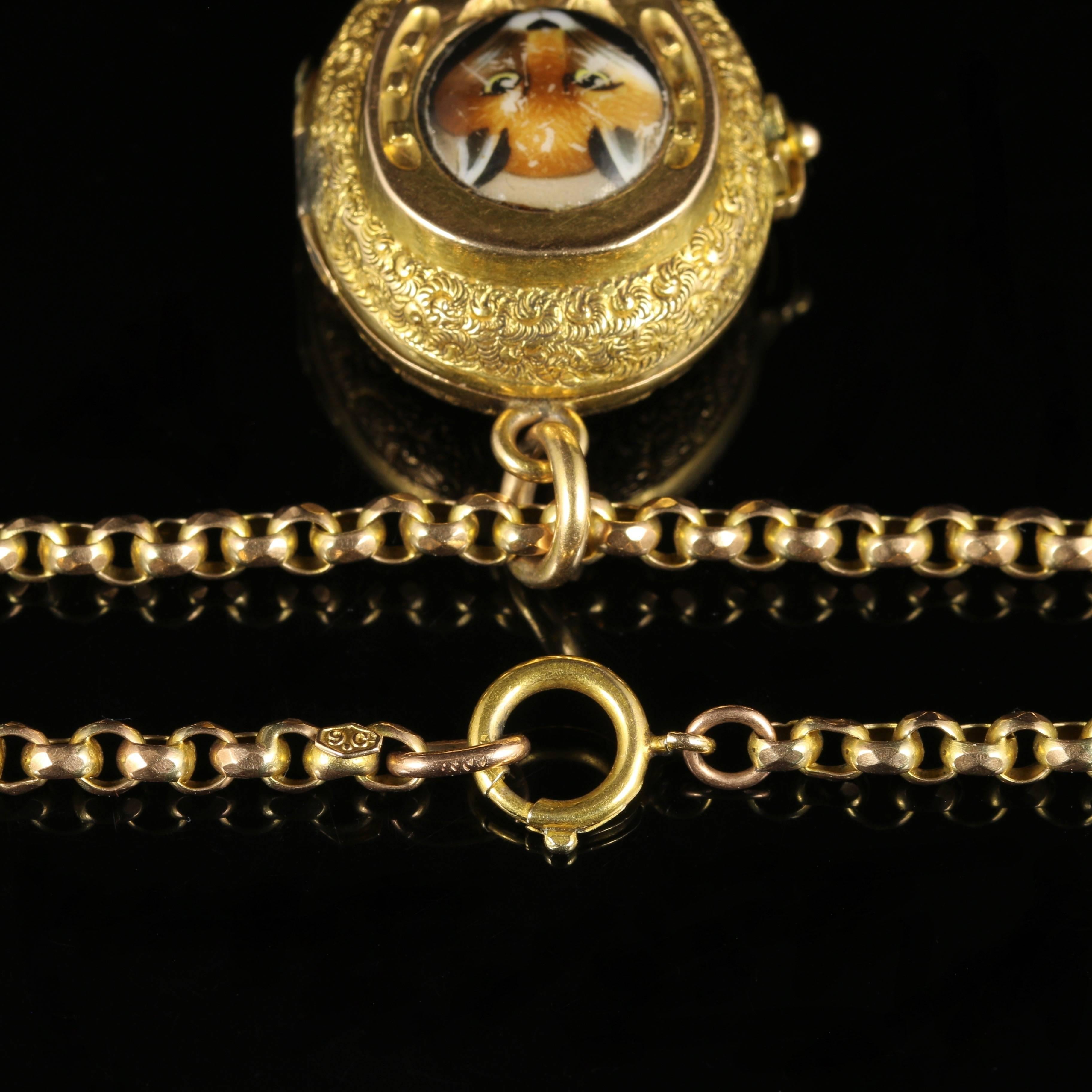 Antique Victorian Fox Hunting Necklace Gold Locket and Chain, circa 1900 2