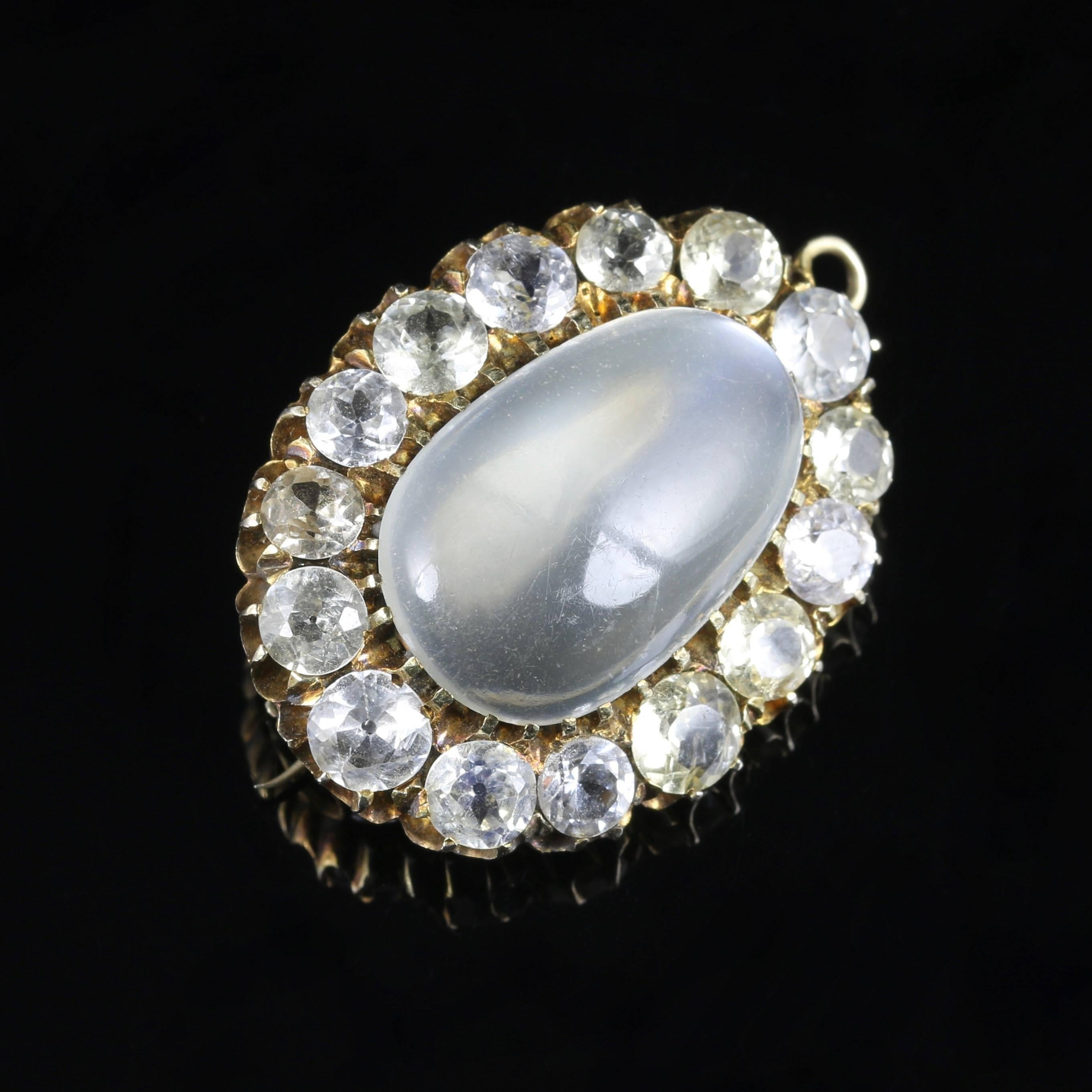 This fabulous 15ct Yellow Gold Victorian brooch is Circa 1900, set with a 20ct natural Moonstone in the centre surrounded by old cut Paste stones.

The beautiful Moonstone has a lovely ghostly hue, moonstone has been a tangible connection to the
