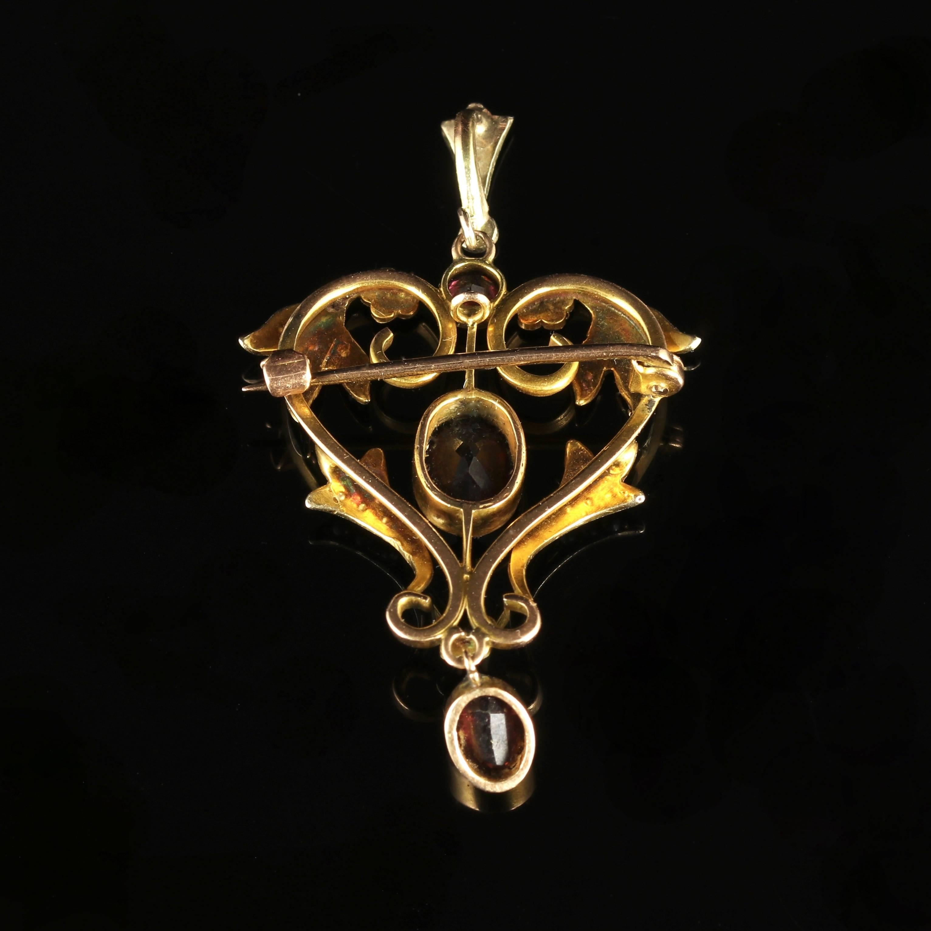 This fabulous 15ct Yellow Gold pendant brooch is Circa 1880.

The pendant has been tested with jewellers acid and this confirms it is 15ct Yellow Gold.

Set with a trilogy of Almandine Garnets.

Trilogy means past, present and future or those 3