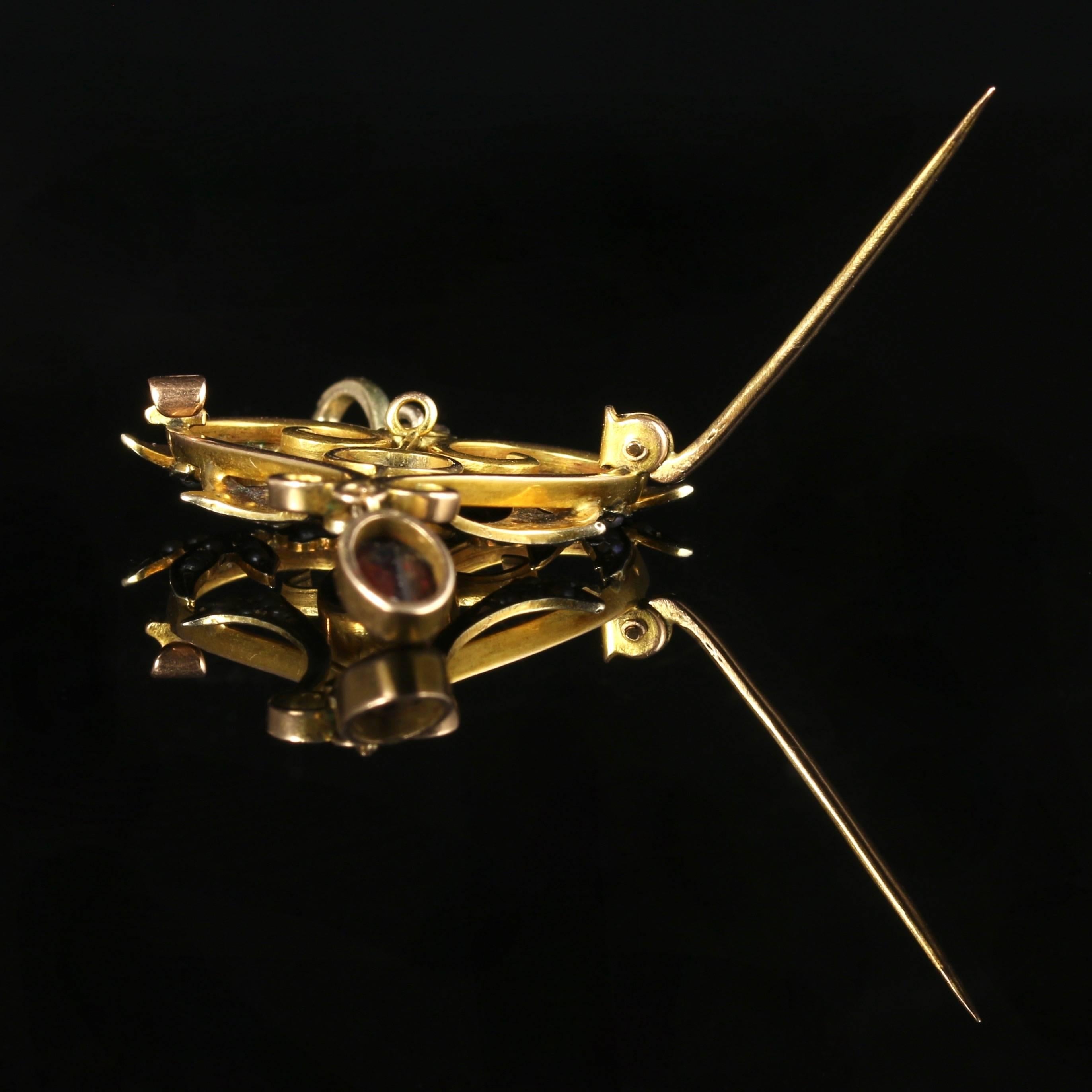 Antique Victorian Almandine Garnet Pearl 15 Carat Gold Pendant Brooch For Sale 3