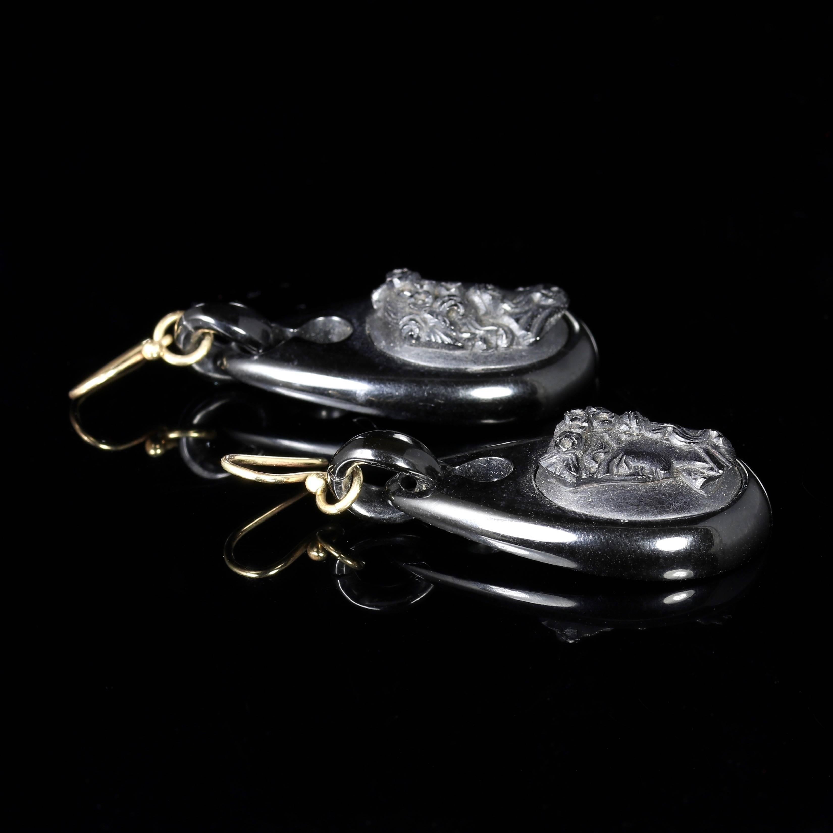 Women's Antique Victorian Whitby Jet Cameo Carved Earrings