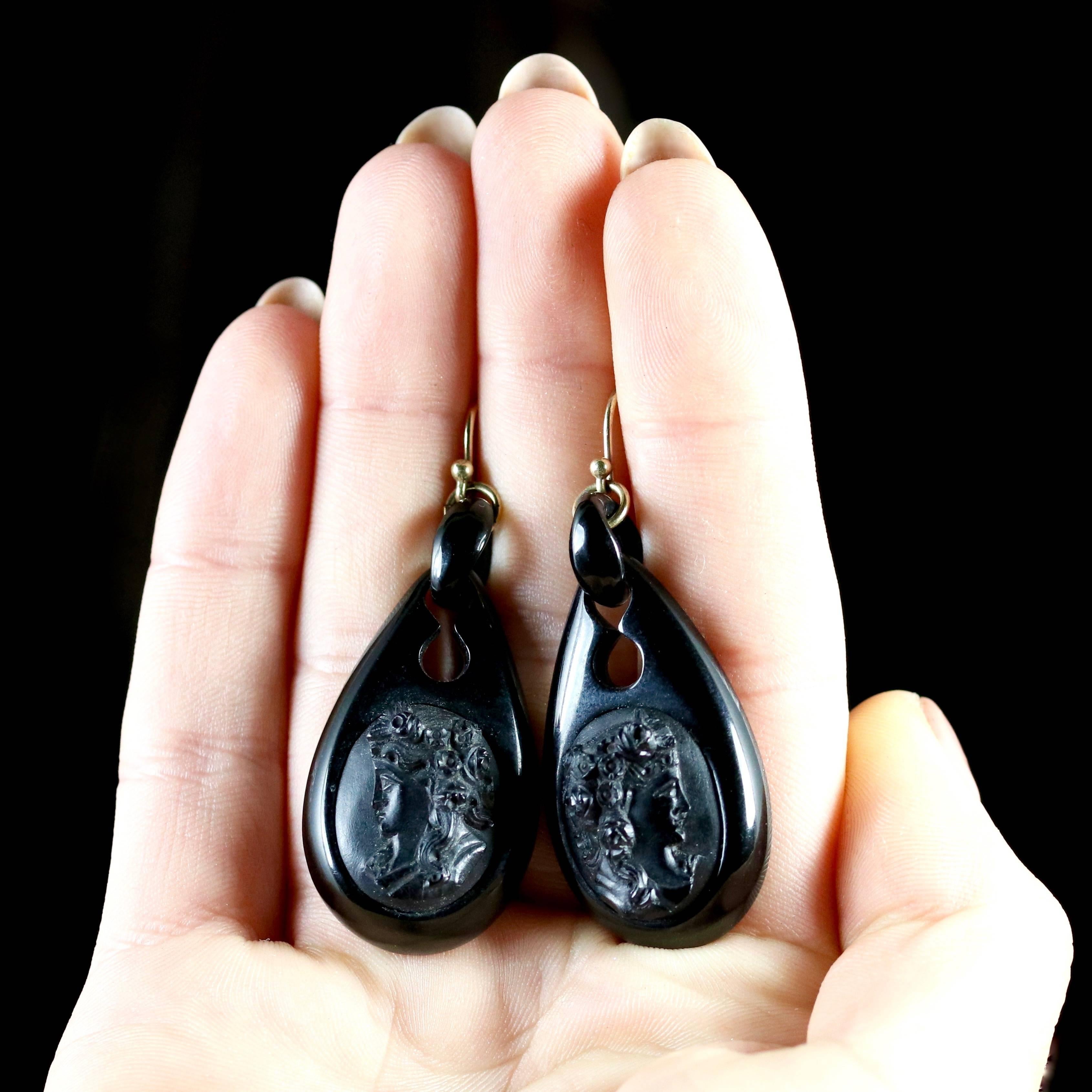 Antique Victorian Whitby Jet Cameo Carved Earrings 3