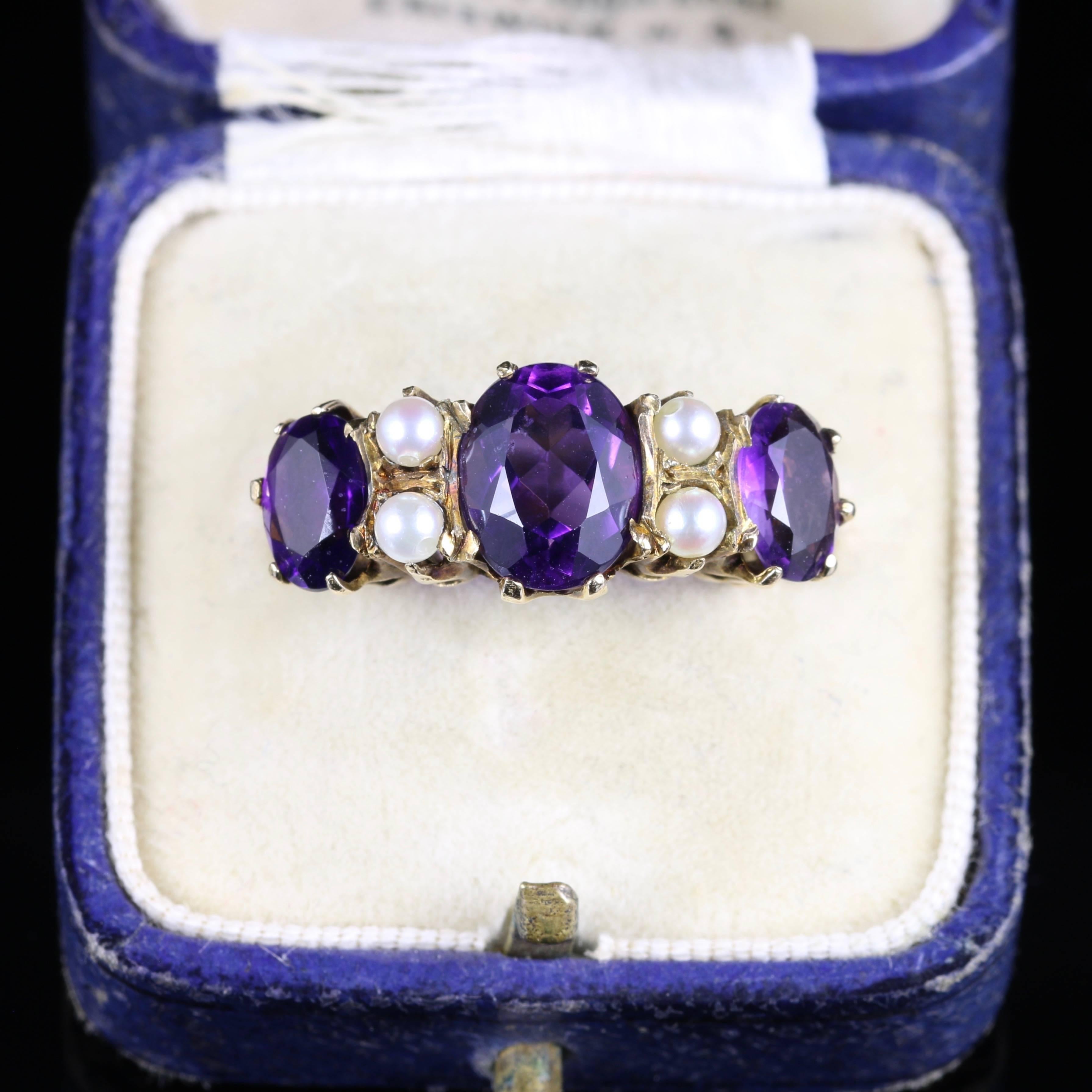 Antique Victorian Amethyst Pearl 9 Carat Gold Ring For Sale 1