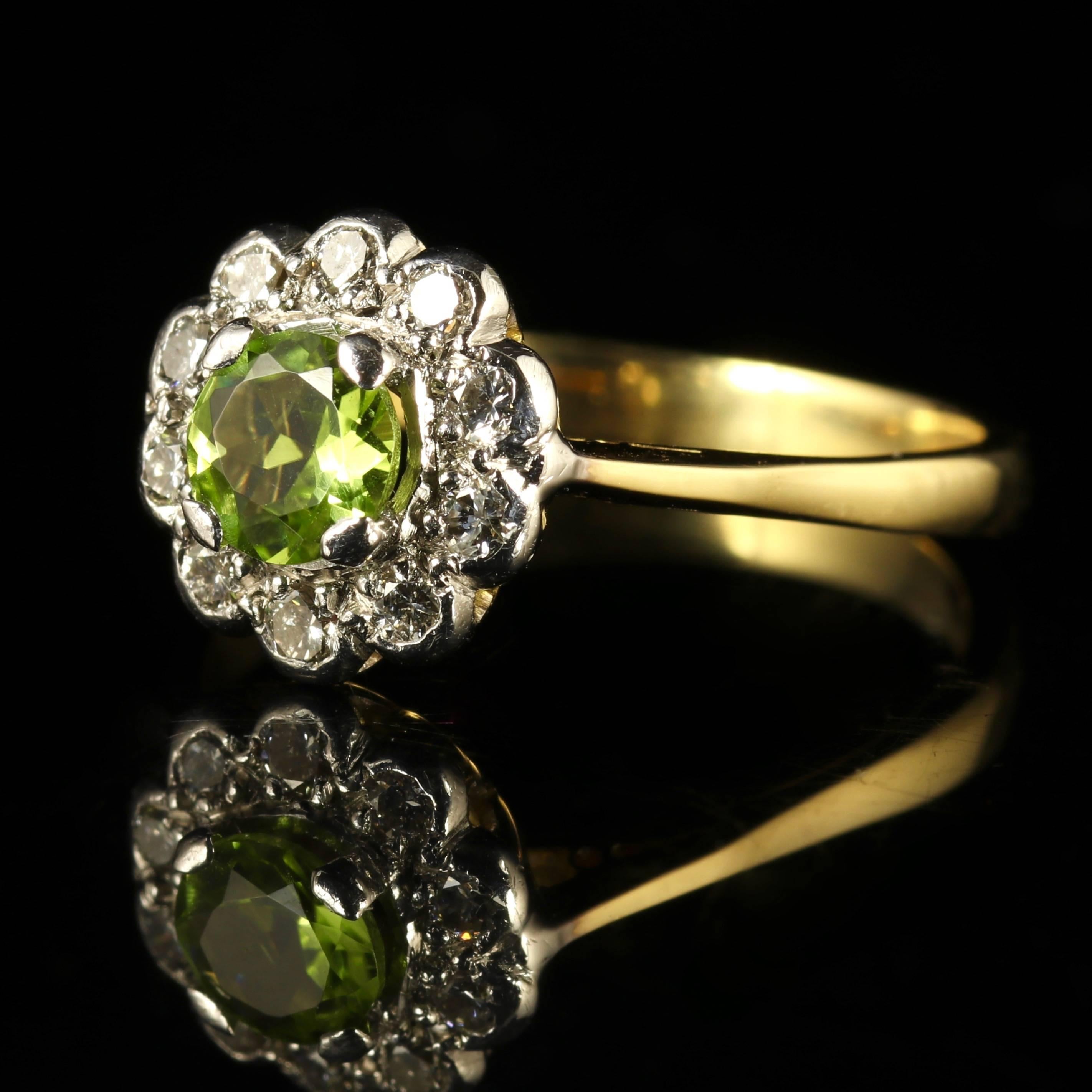 This fabulous 9ct Gold, Victorian Peridot and Diamond ring is Circa 1900.

Set with a lovely rich central Olive Green Peridot which is surrounded by old cut Diamonds.

The Peridot is approx. 0.60ct in size.

The Peridot is a stone of lightness and