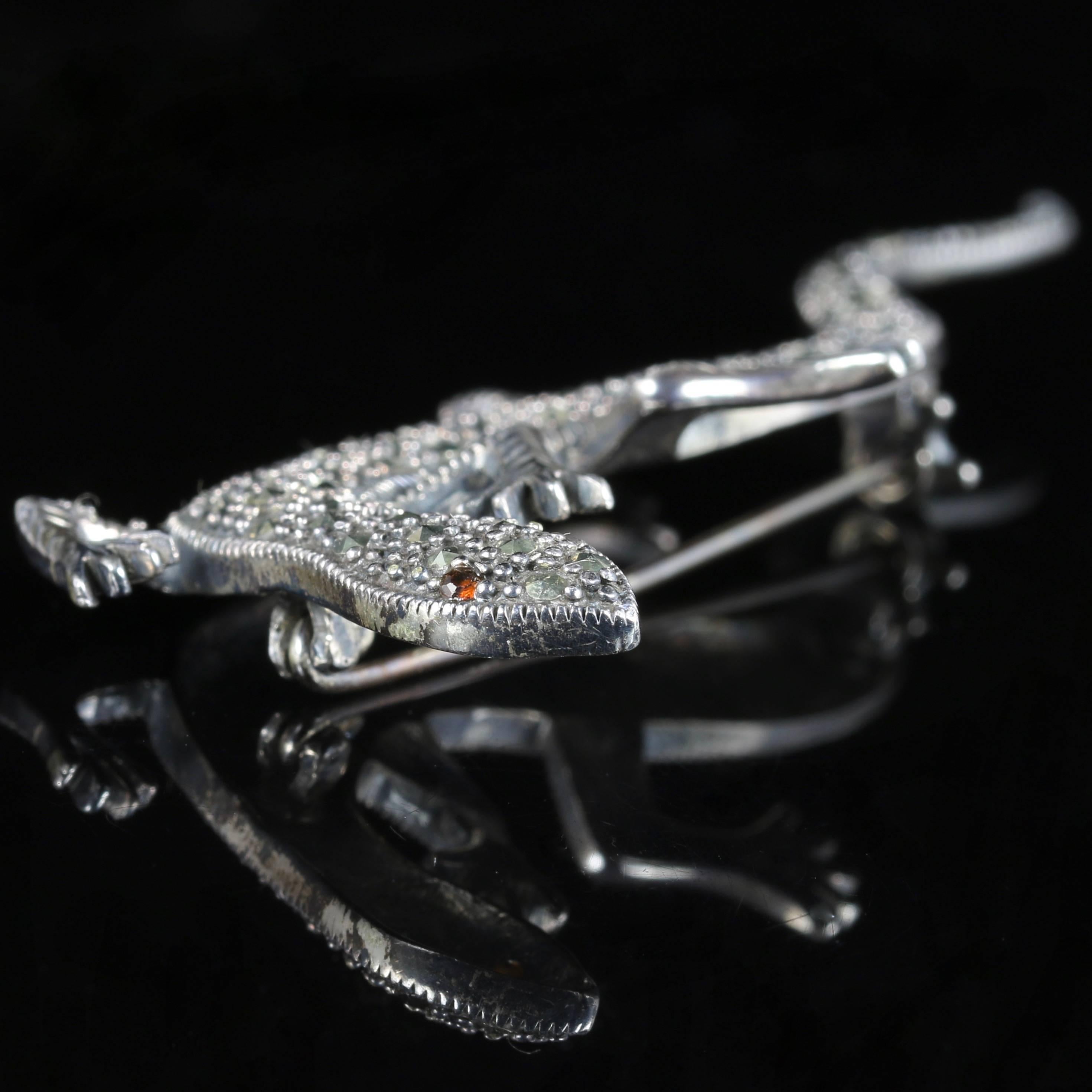 Women's Antique Marcasite Silver Lizard Brooch