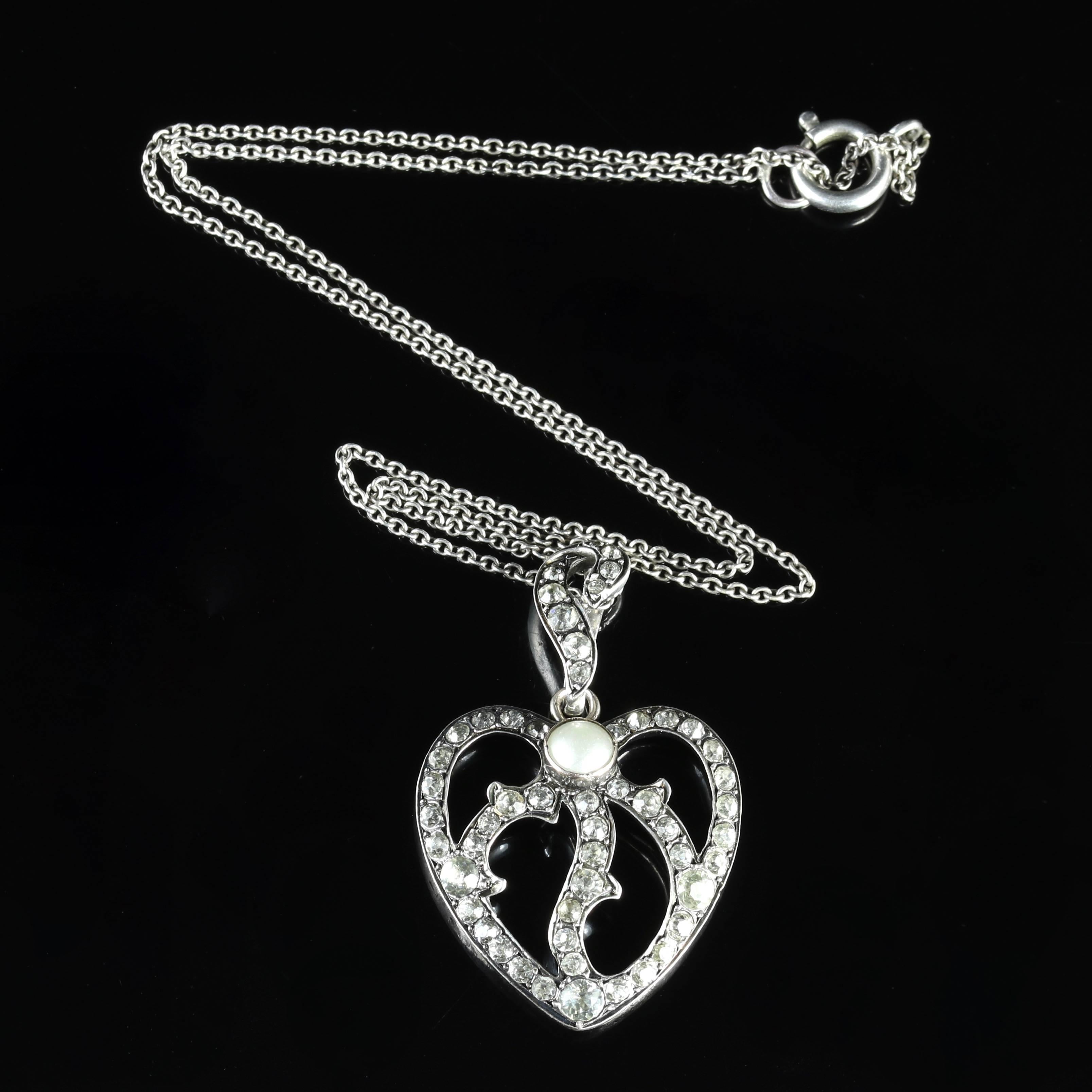 Women's Antique Victorian Silver Heart Paste Pearl Pendant and Necklace