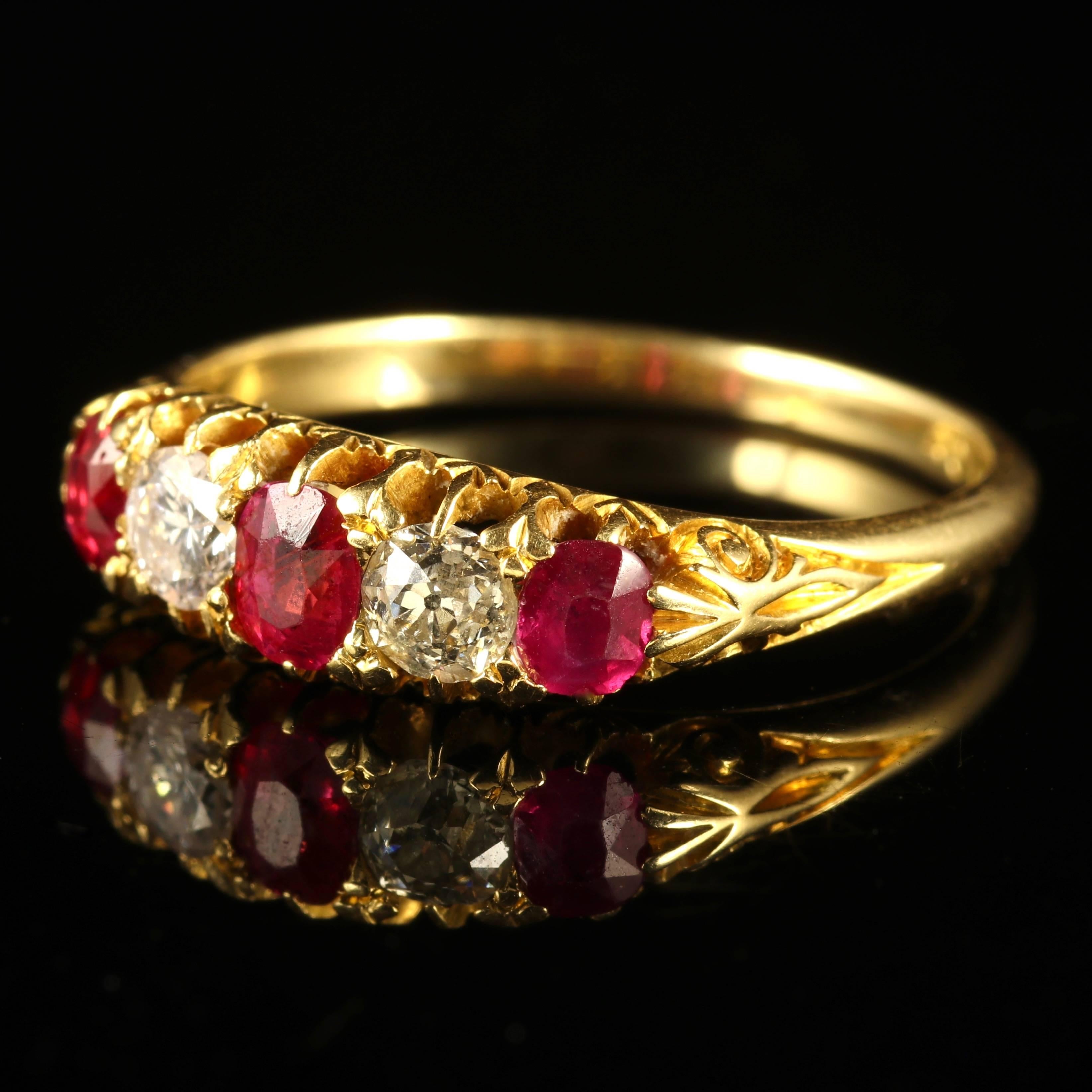 This fabulous antique Victorian 18ct Yellow Gold ring is set with beautiful rich Pink Rubies and Diamonds - Circa 1900.

Three beautiful Burmese Rubies are set into the Victorian gallery complimented by a sparkling cushion of old cut Diamonds.

The