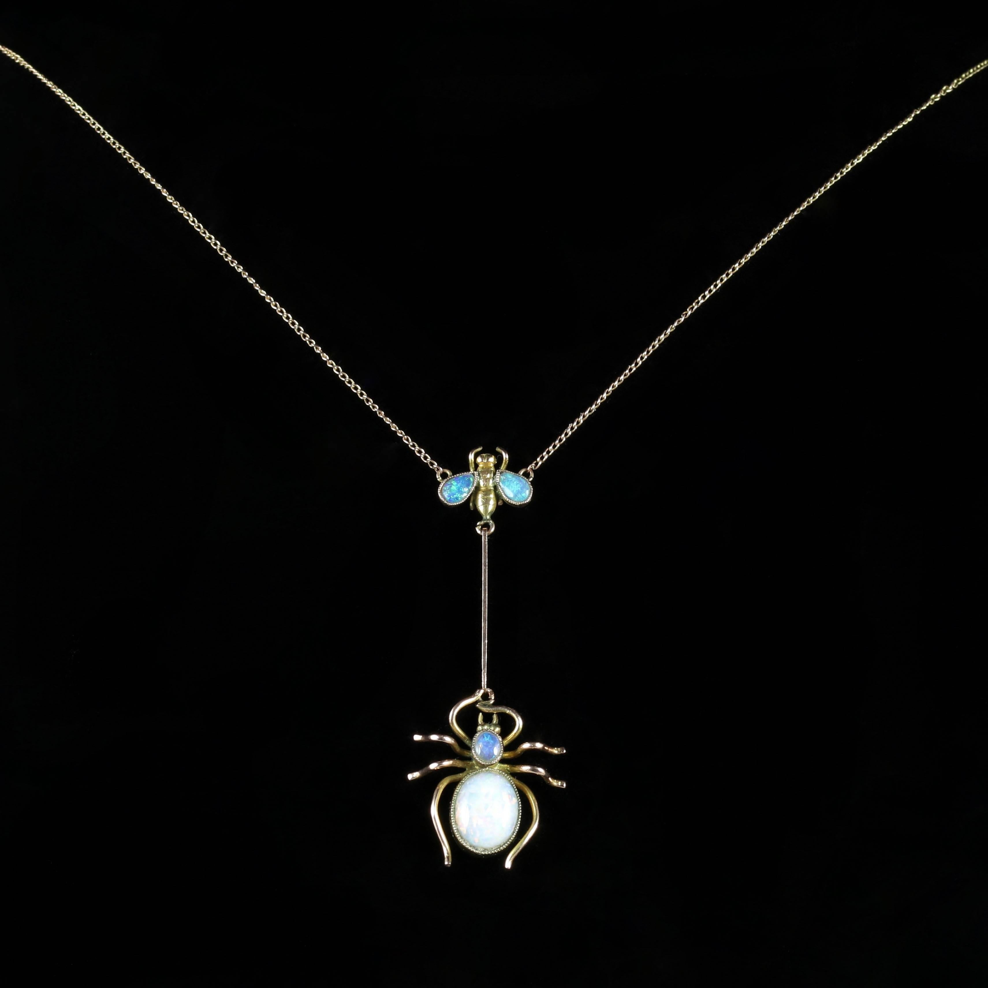 Women's Antique Victorian Opal Spider Fly Necklace, circa 1900