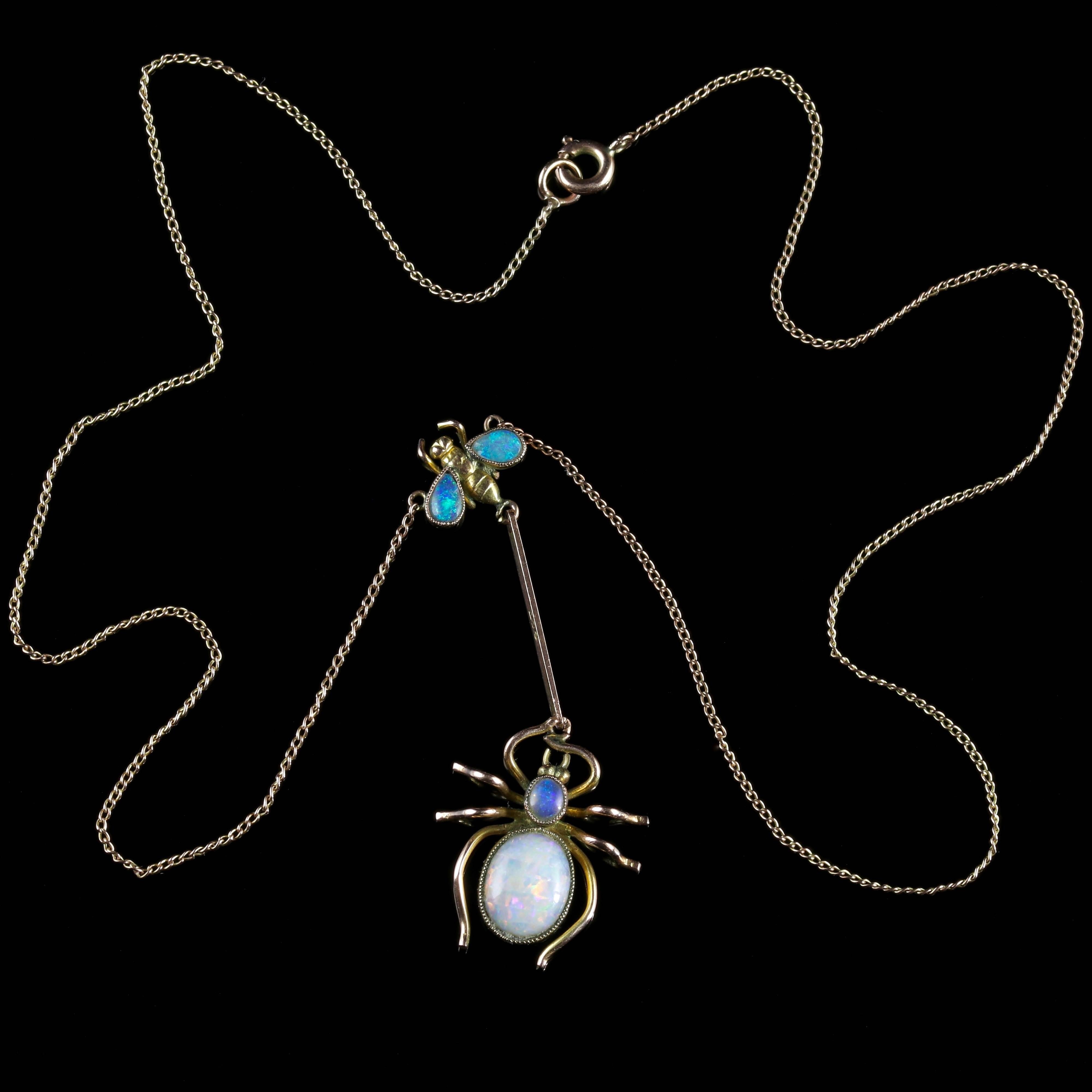 Antique Victorian Opal Spider Fly Necklace, circa 1900 2