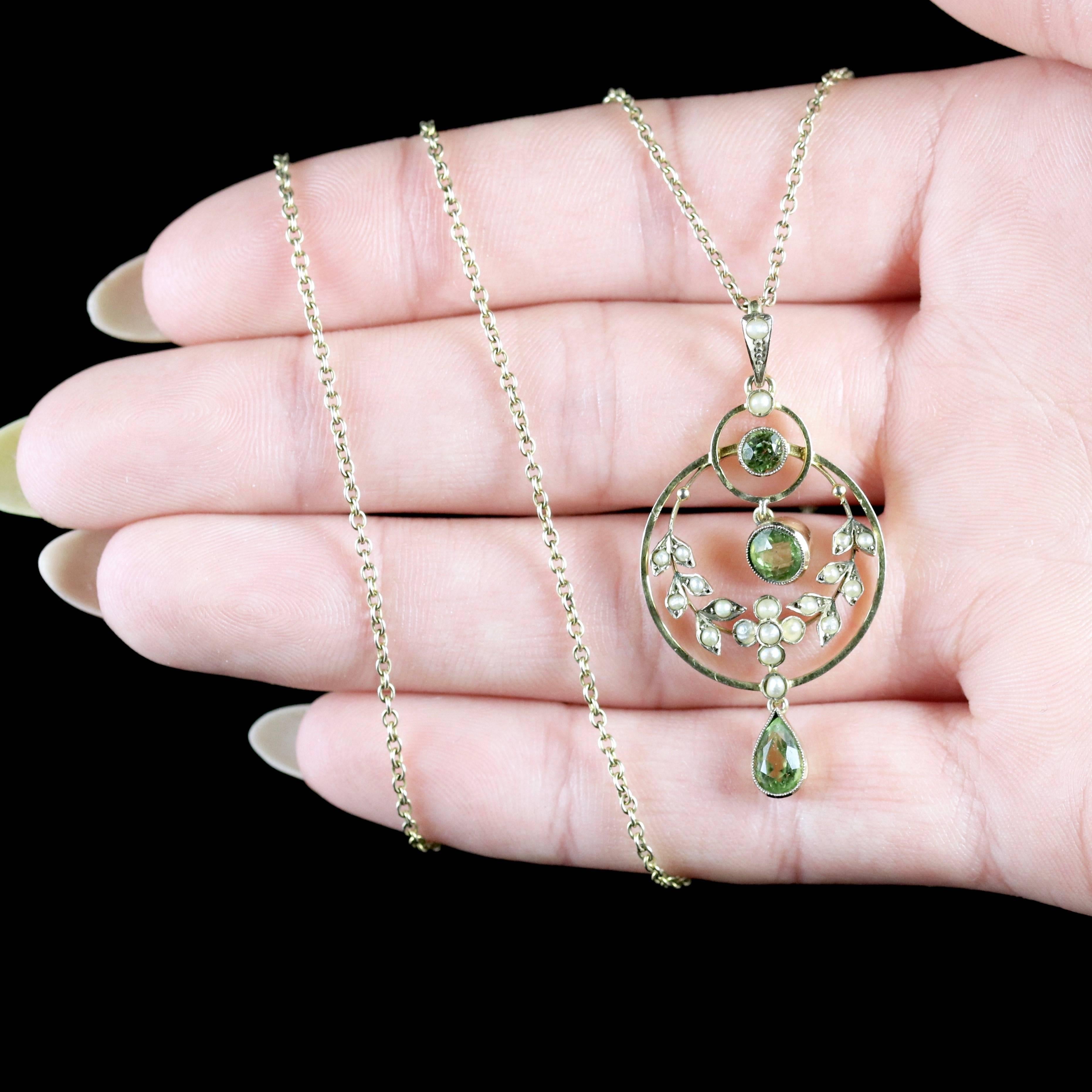Antique Victorian Peridot Pearl Gold Pendant Necklace, circa 1900 6