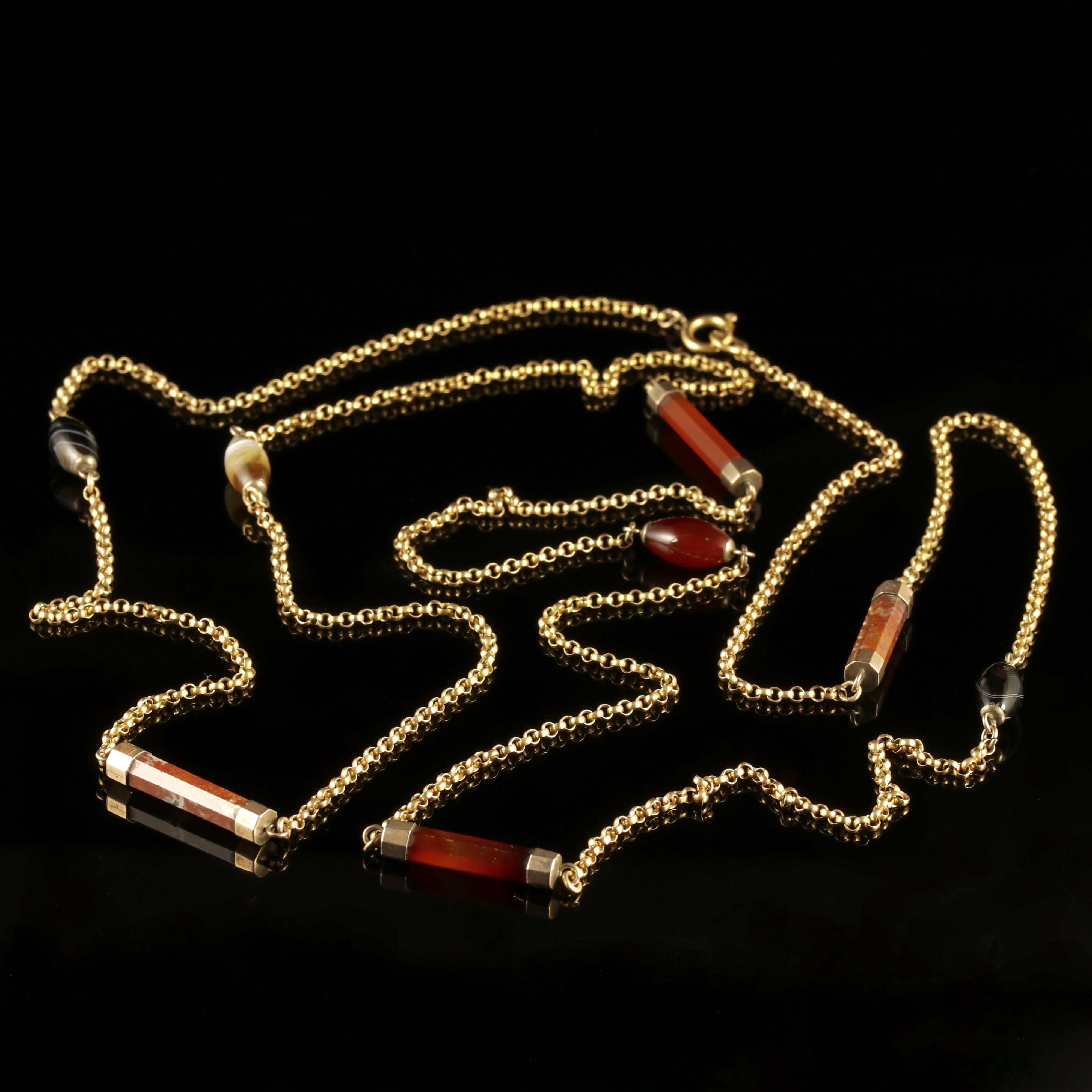 Antique Victorian Scottish Agate Necklace Long Gold Guard Chain, circa 1860 5
