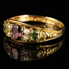 Victorian Suffragette Gold Ring Amethyst Pearl Peridot 15 Carat Dated 1883