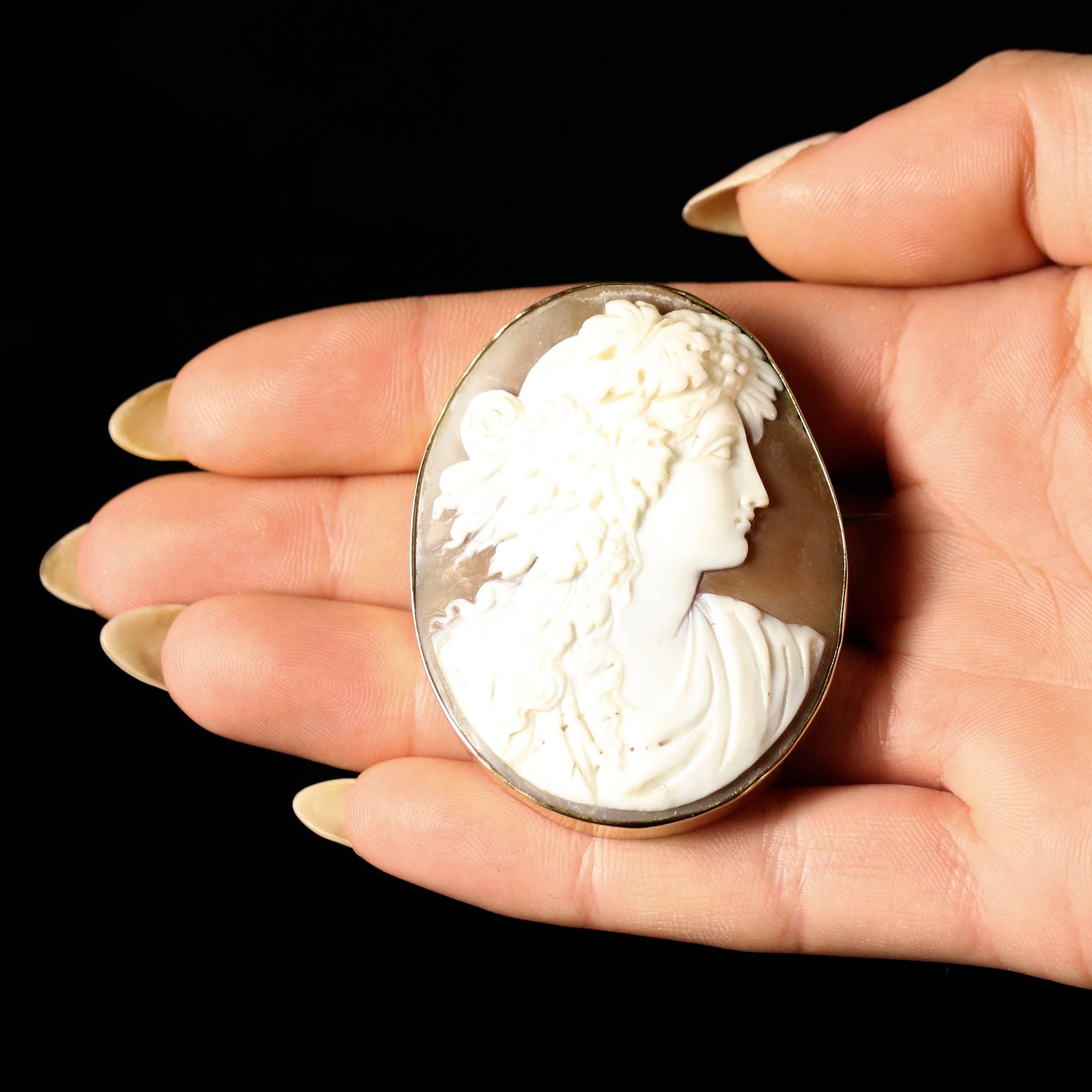 Antique Victorian Shell Portrait Cameo Brooch 9 Carat Gold For Sale 4
