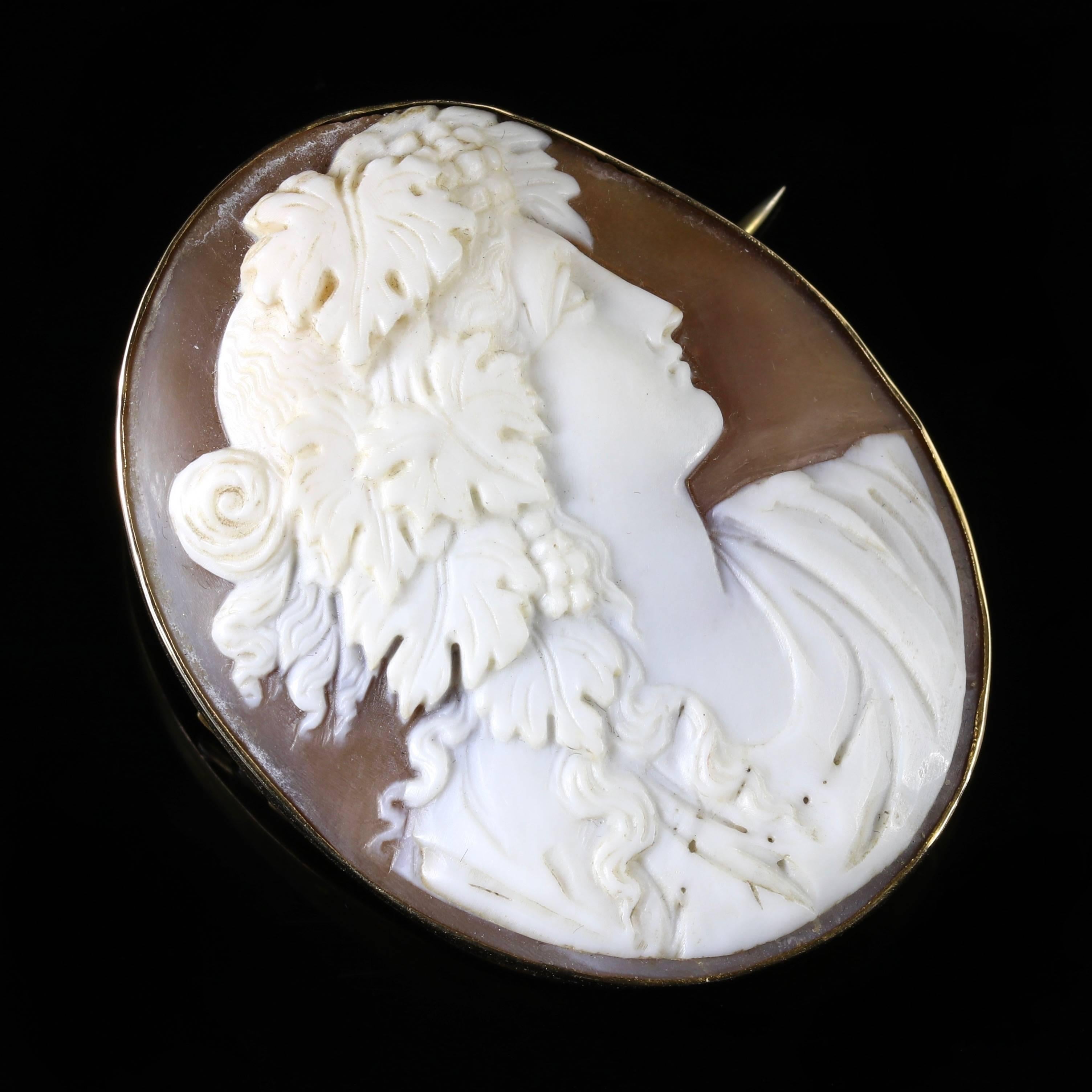 This fabulous 9ct Yellow Gold Cameo brooch is Circa 1880.

The carving is very high relief and well executed showing the lovely workmanship in her hair and face and has been carved from bull mouth shell.

A stunning brooch that is steeped in