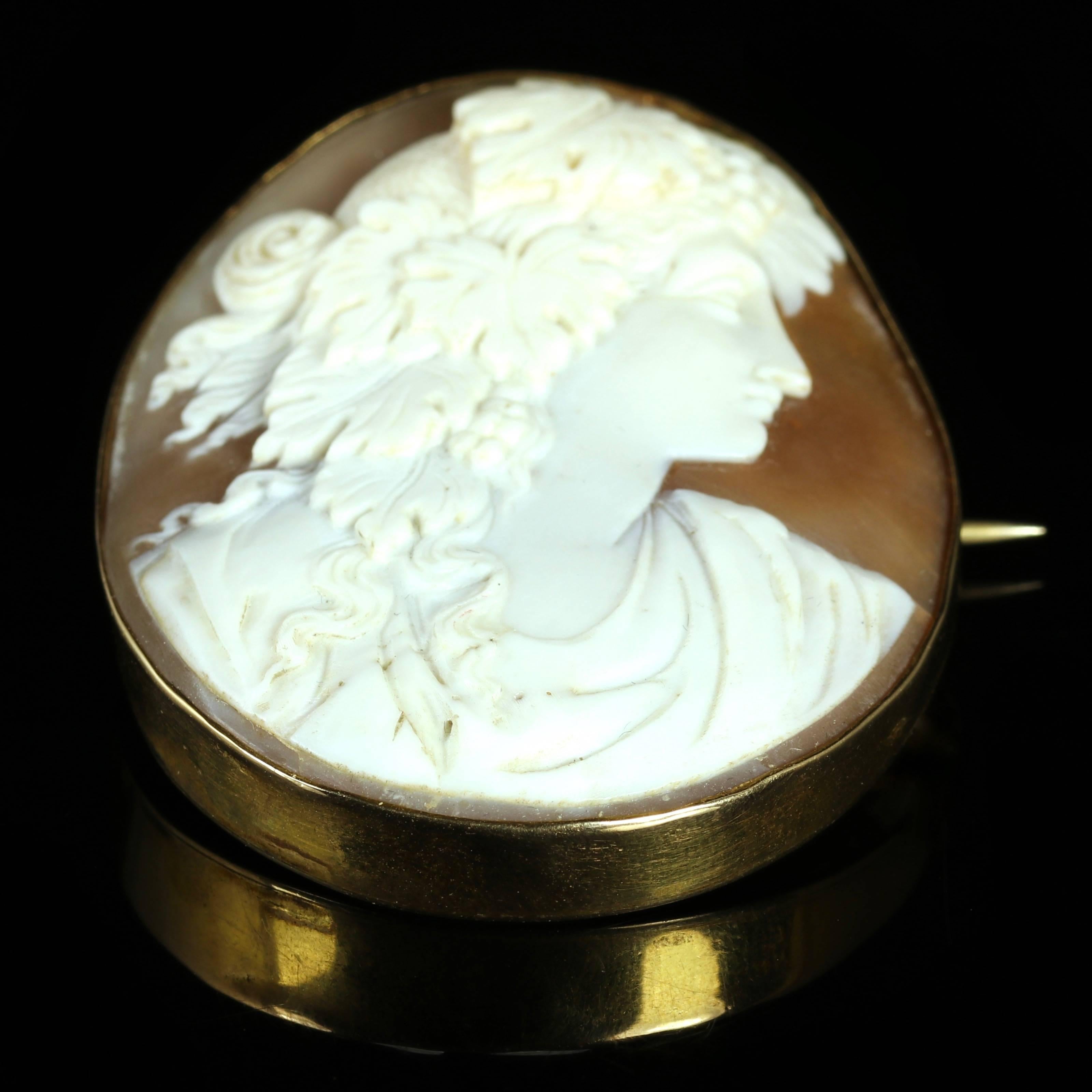 Women's or Men's Antique Victorian Shell Portrait Cameo Brooch 9 Carat Gold For Sale