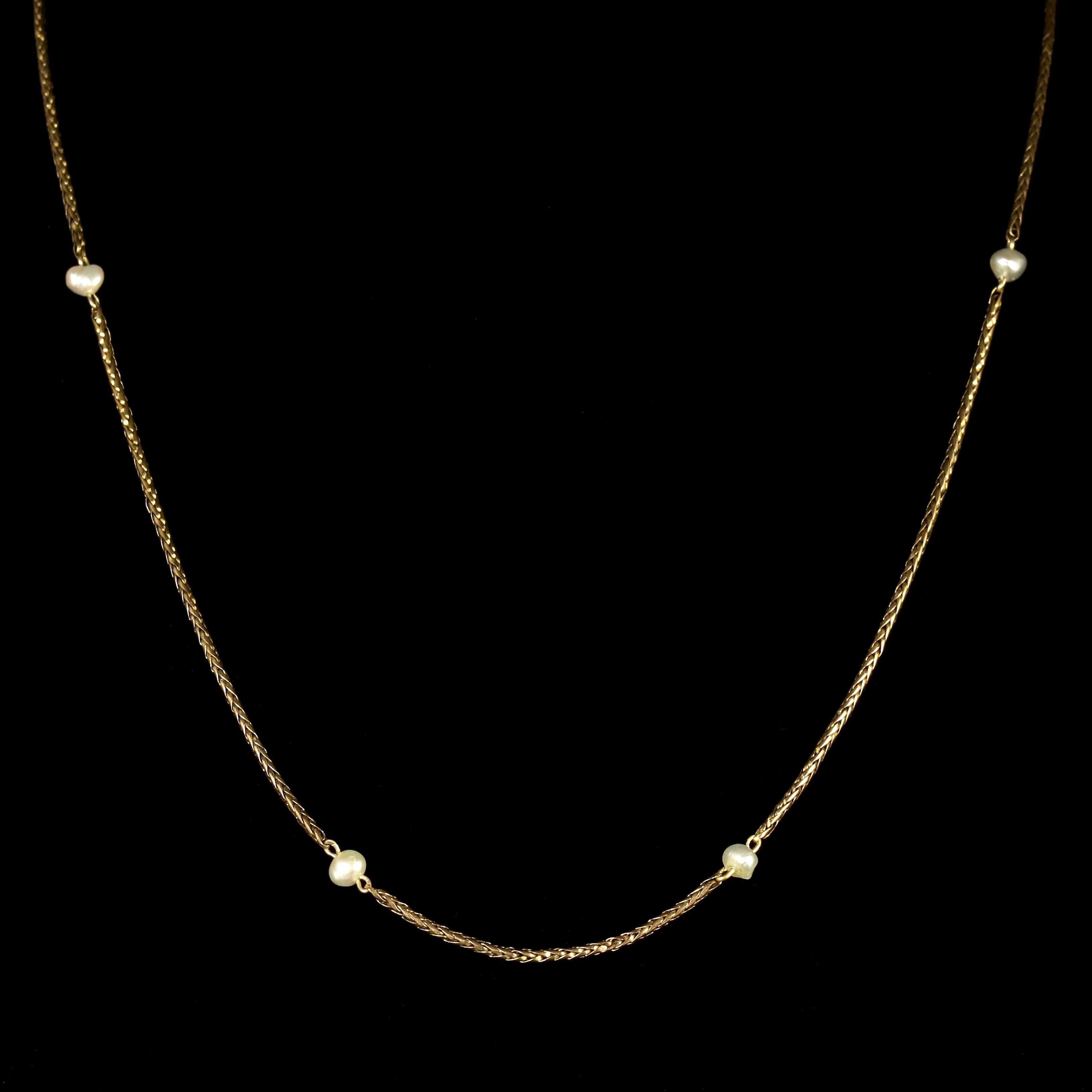 This Antique Victorian 15ct Gold and Natural Pearl plait chain is just fabulous.	

This is all original Circa 1895.

A beautiful chain that is adorned with 6 Pearls, that follow around the necklace.

Pearls have a wonderful sheen with a rich creamy