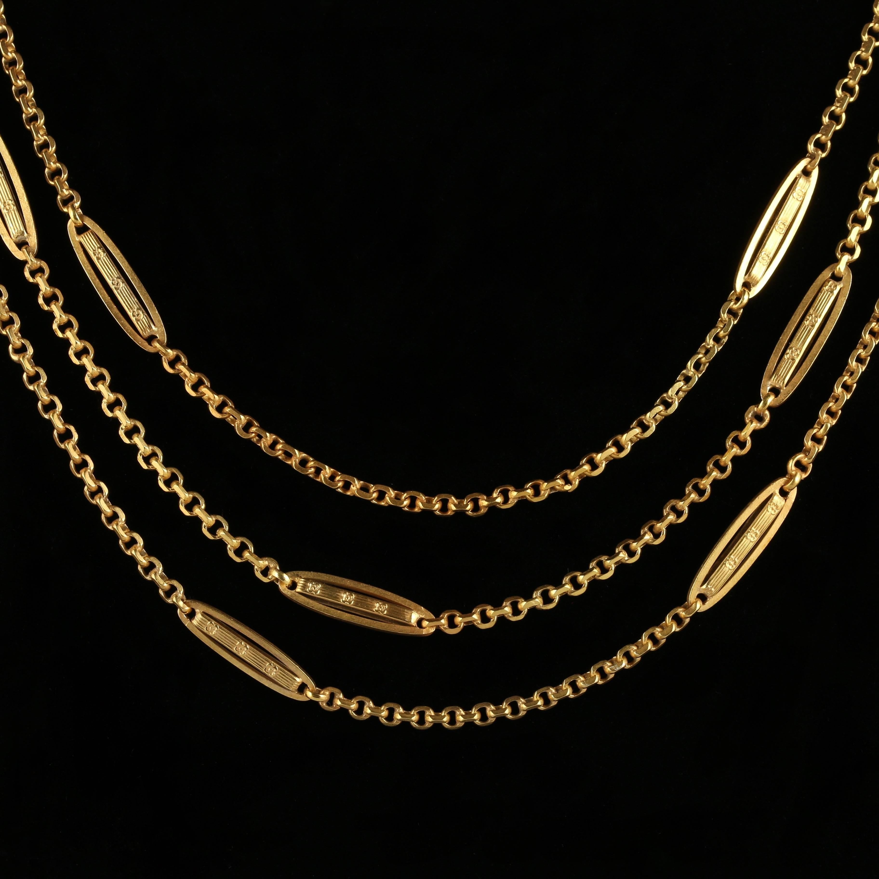 For more details please click continue reading down below..

This fabulous long Victorian guard chain is set with lovely fancy panels and links.

Set in 18ct Yellow Gold on Silver.

The lovely long chain can be worn twice around the neck or left as