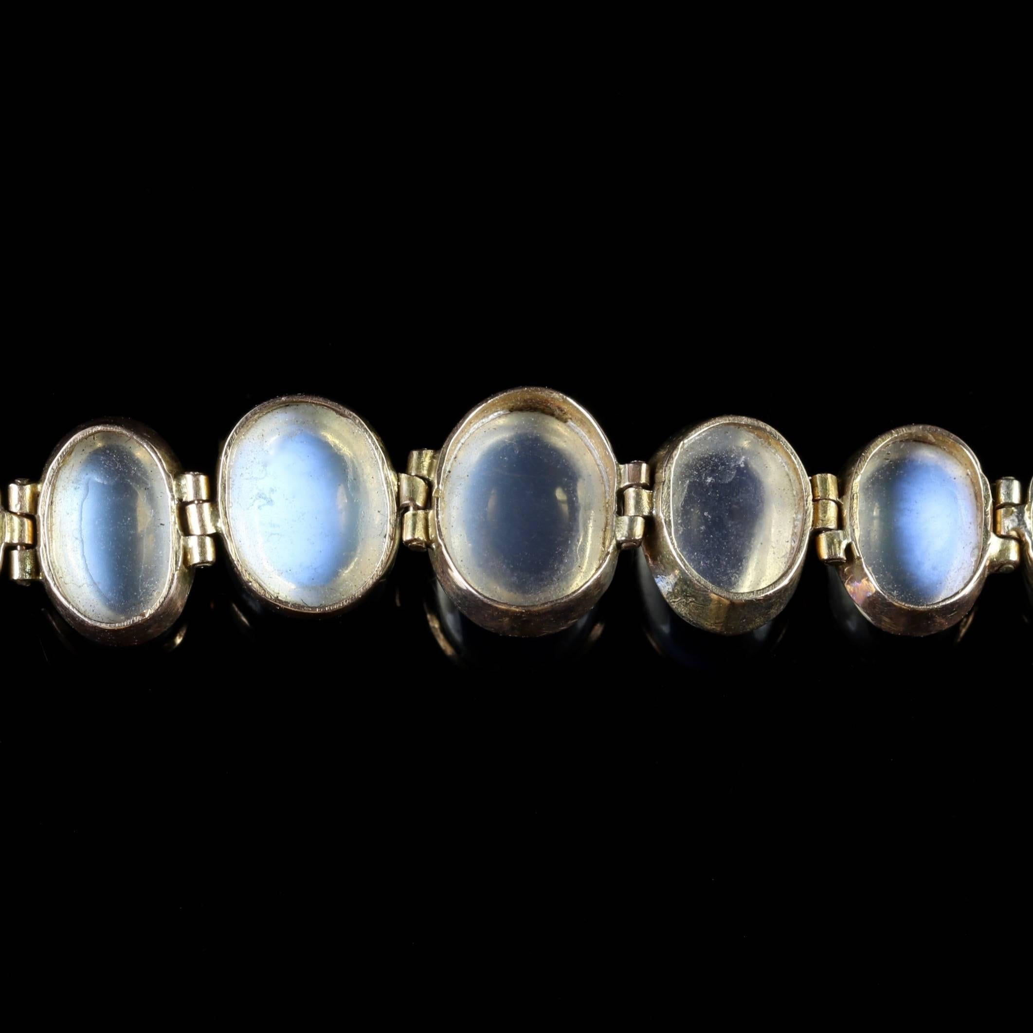 This fabulous 9ct Yellow Gold antique Victorian Moonstone bracelet is Circa 1900.

Each Moonstone has a lovely glowing mysterious blue hue, these are all original Victorian.

The beautiful Moonstone has a lovely ghostly hue, Moonstone has been a