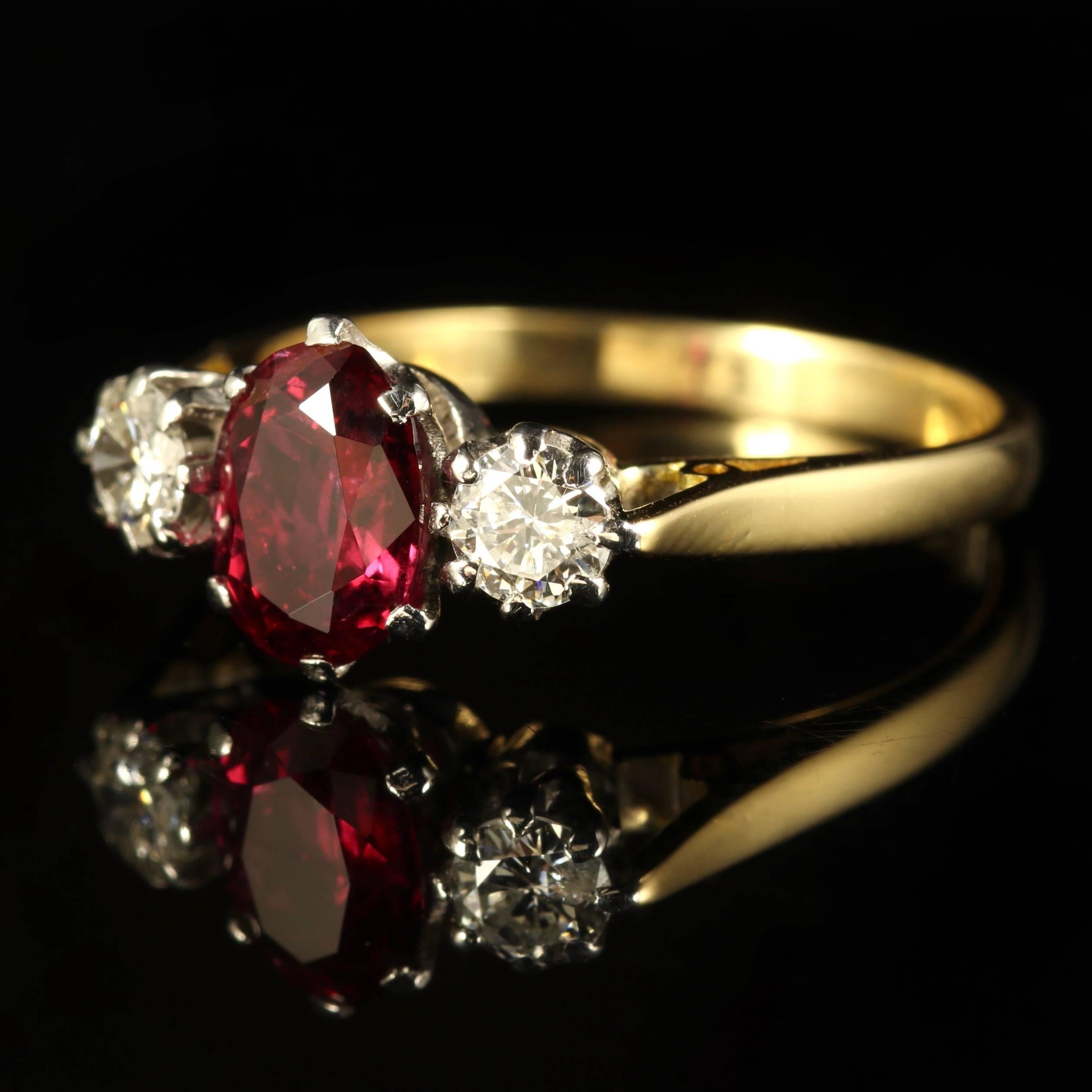 This fabulous 18ct Yellow Gold ring is set with a lovely rich, Ruby which measures 1.50ct.

Two old cut Diamonds are flanked either side of the Ruby which are both 0.20ct.

The Diamonds are superb cut, colour and clarity - SI1/2 H colour.

The Ruby