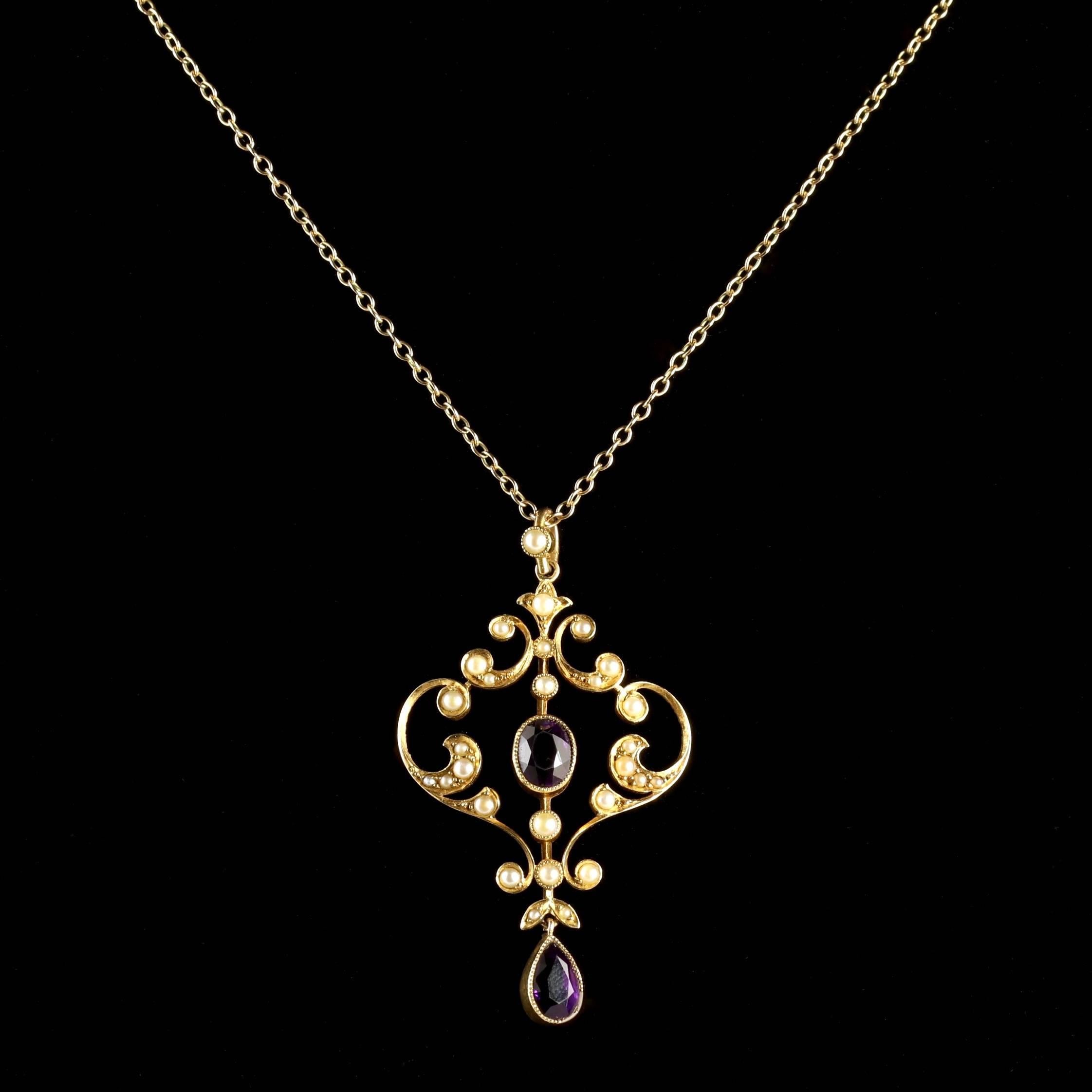 This very beautiful 15ct Yellow Gold pendant and chain is Circa 1900.

Beautiful deep purple Amethysts adorn this lovely pendant complete with a 15ct Yellow Gold chain.

Amethyst has been highly esteemed throughout the ages for its stunning beauty