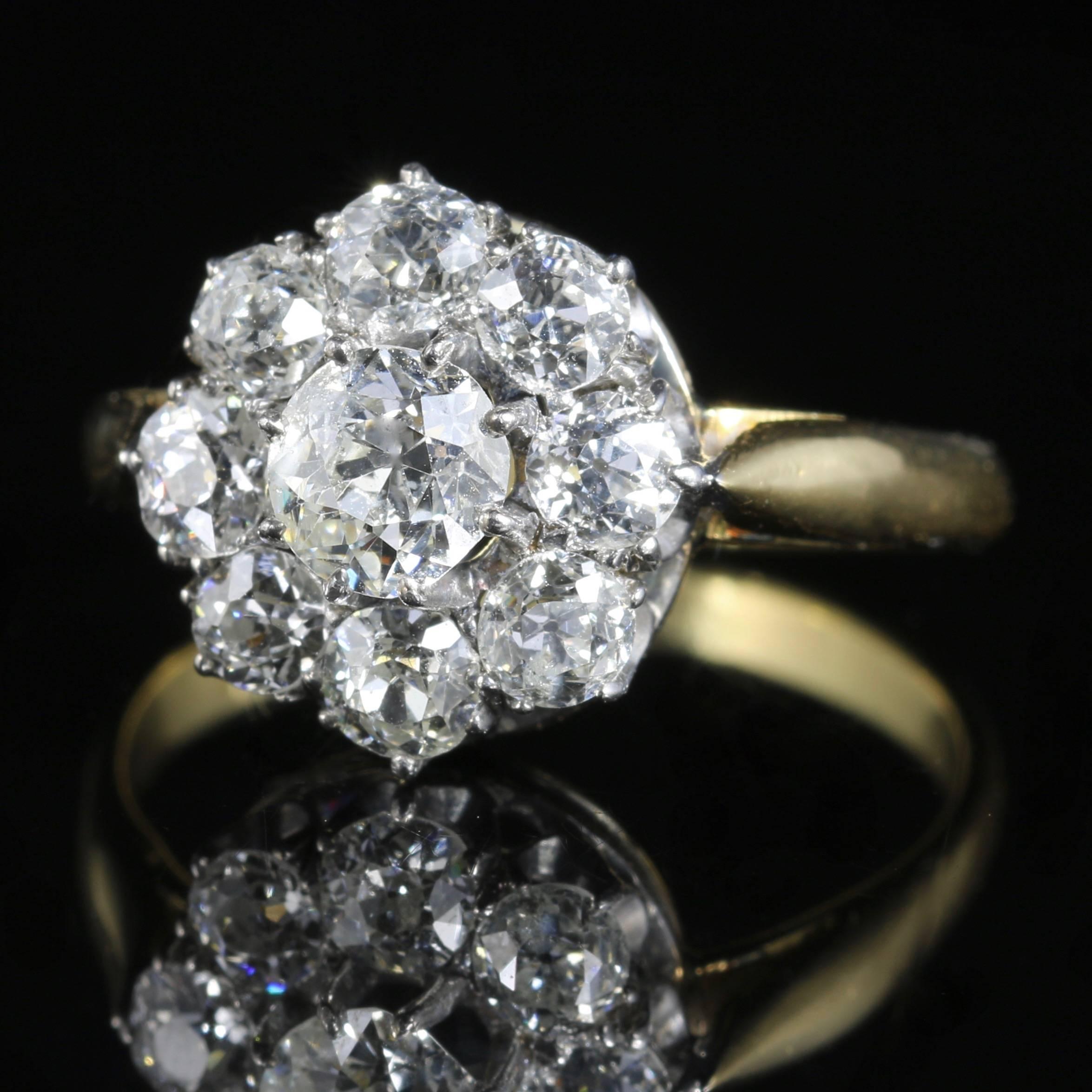 For more details please click continue reading down below..

This fabulous 18ct Yellow Gold Victorian Diamond cluster ring is a true Antique, Circa 1880.

Set with 1.40ct of old cushion cut sparkling Diamonds which are superb cut colour and