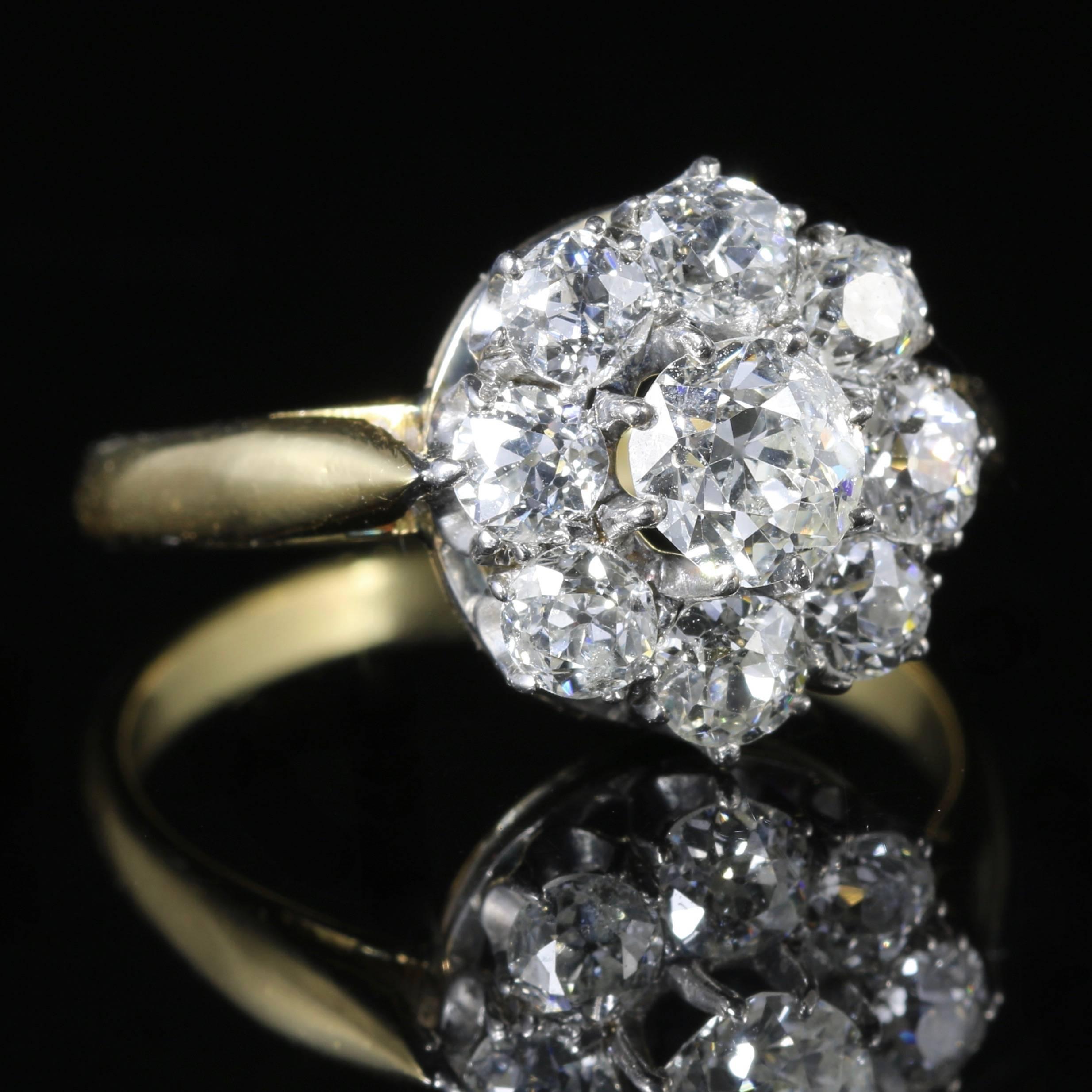 Women's Antique Victorian Diamond Cluster Ring circa 1880 1.40 Carat of Diamonds