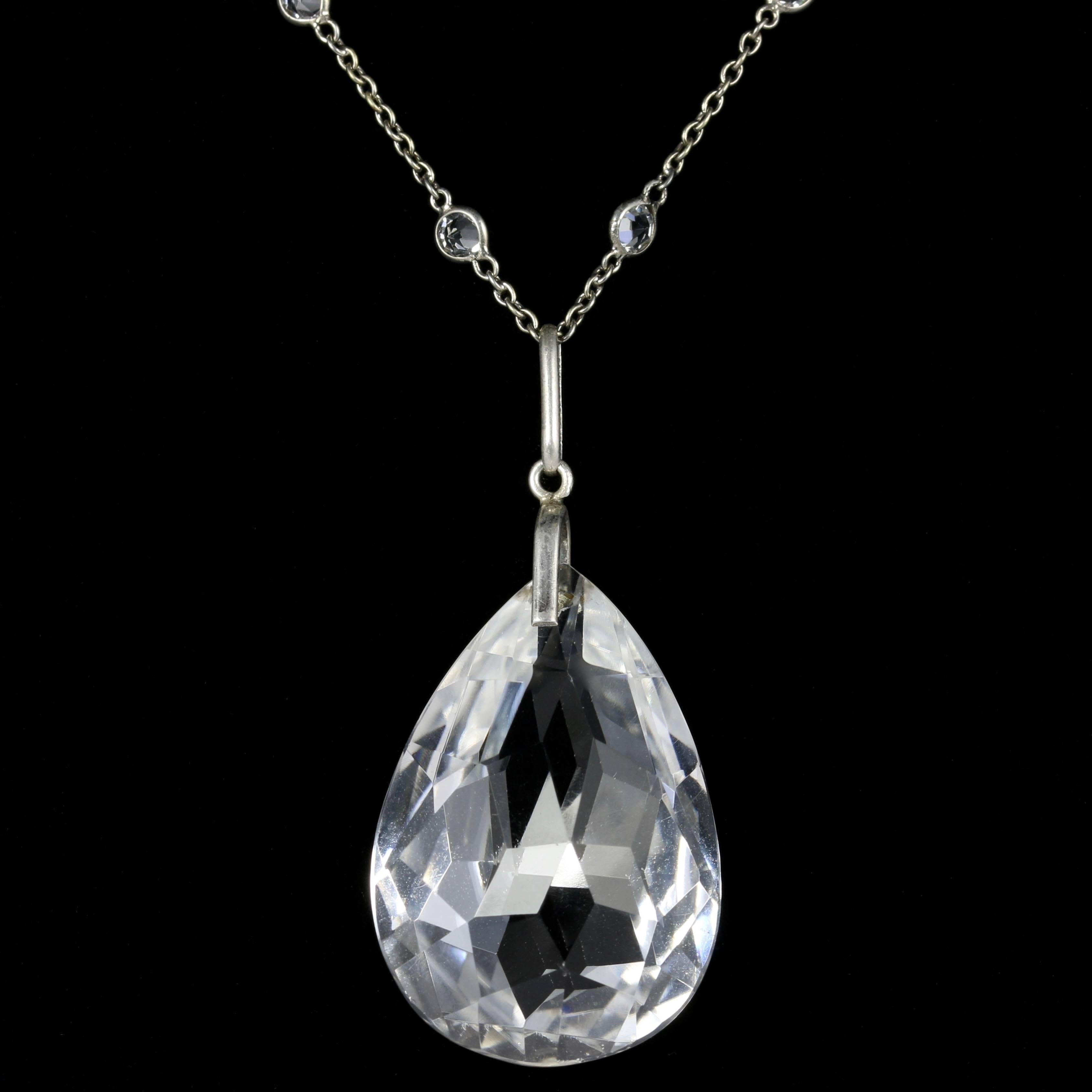 For more details please click continue reading down below..

This beautiful necklace is set with fabulous Rock Crystals all over, set in Platinon.

Circa 1930.

Set with a fabulous large briolette cut Rock Crystal dropper. Briolette means faceted
