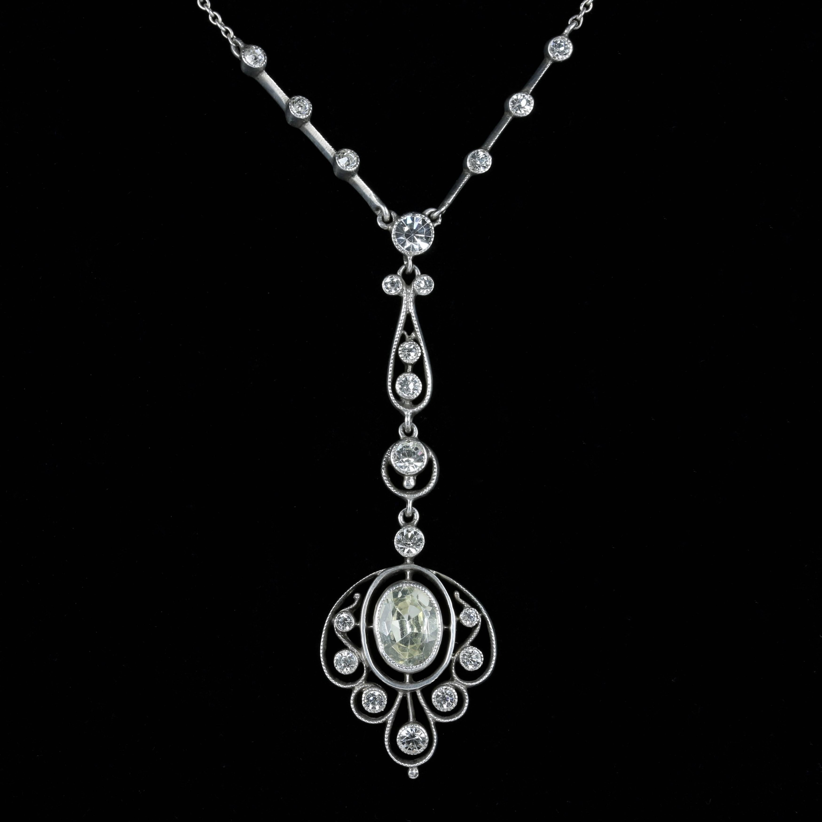 For more details please click continue reading down below..

This fabulous Silver Victorian Paste pendant necklace is Circa 1900.

21 lovely Paste stones adorn this beautiful necklace, the bottom large Paste stone is 1.5ct in size, they sparkle just