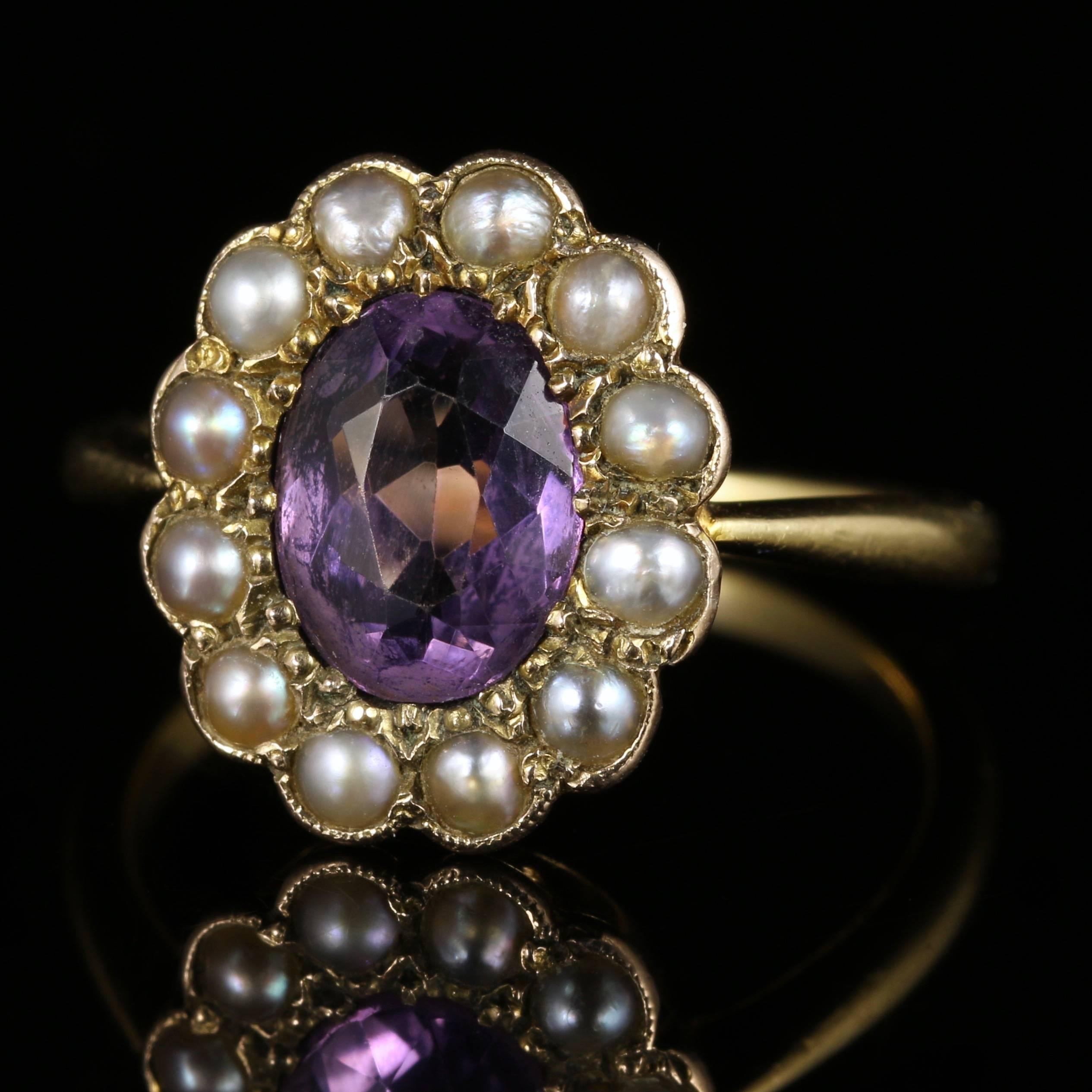 For more details please click continue reading down below..

This 18ct Yellow Gold Amethyst and Pearl cluster ring is fabulous.

Circa 1900

A Beautiful Amethyst sits central, surrounded by a halo of lovely Pearls.

Amethyst has been highly esteemed