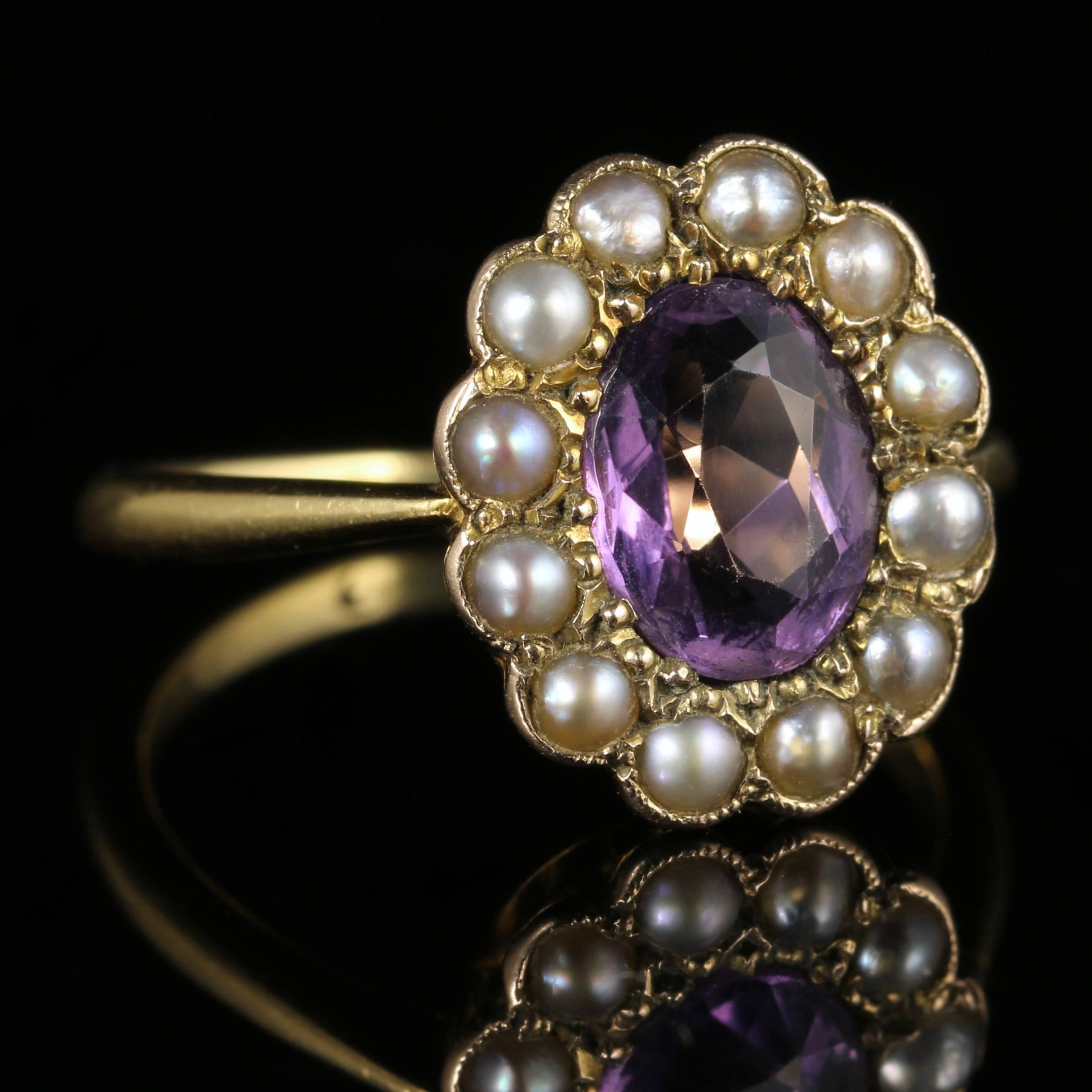 Women's Antique Victorian Amethyst Pearl Cluster Ring 18 Carat Gold