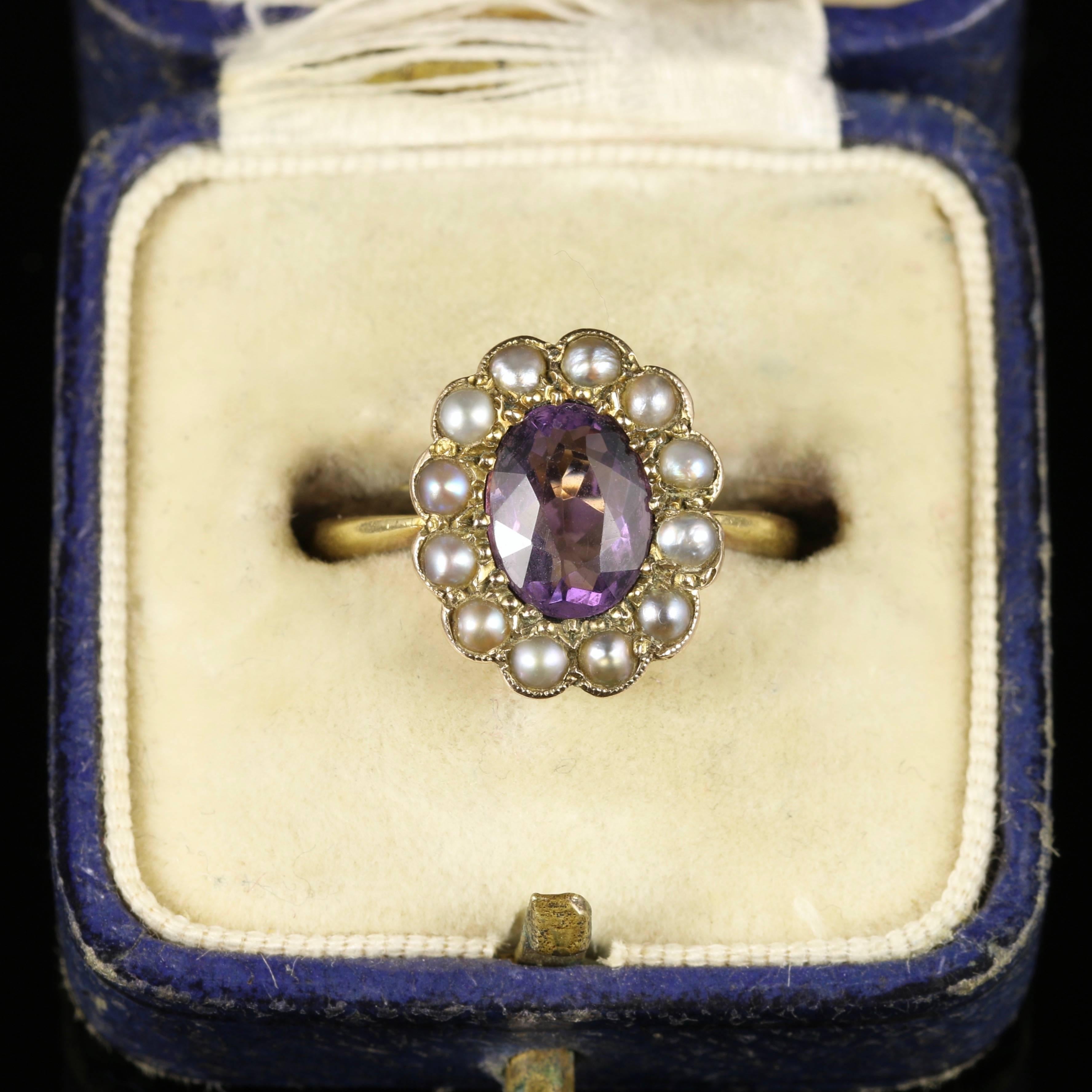 Antique Victorian Amethyst Pearl Cluster Ring 18 Carat Gold 3