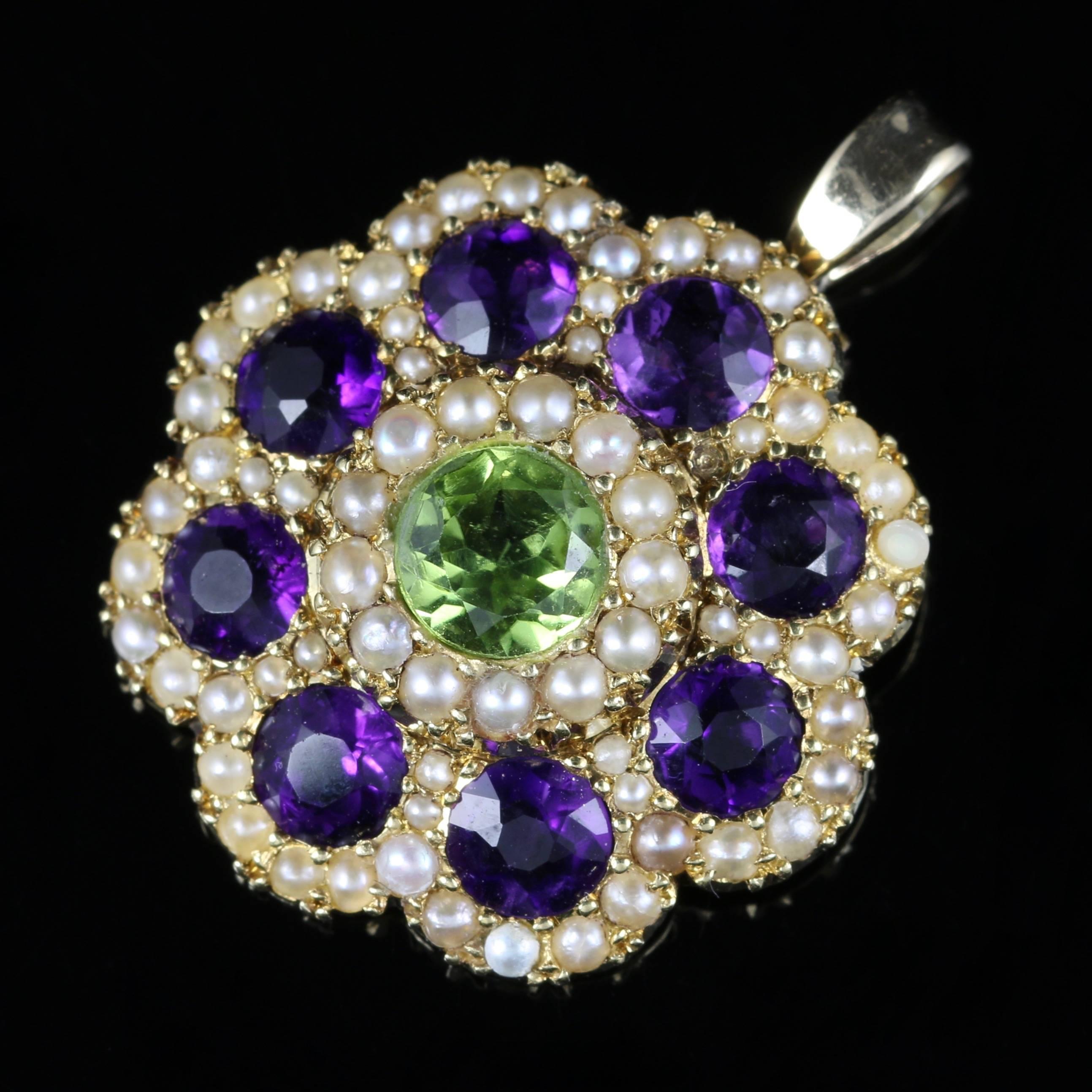 For more details please click continue reading down below..

This fabulous 15ct Yellow Gold Antique Victorian Suffragette pendant is absolutely stunning.

A halo of Pearls decorate two inner galleries which are adorned with Amethysts and a central