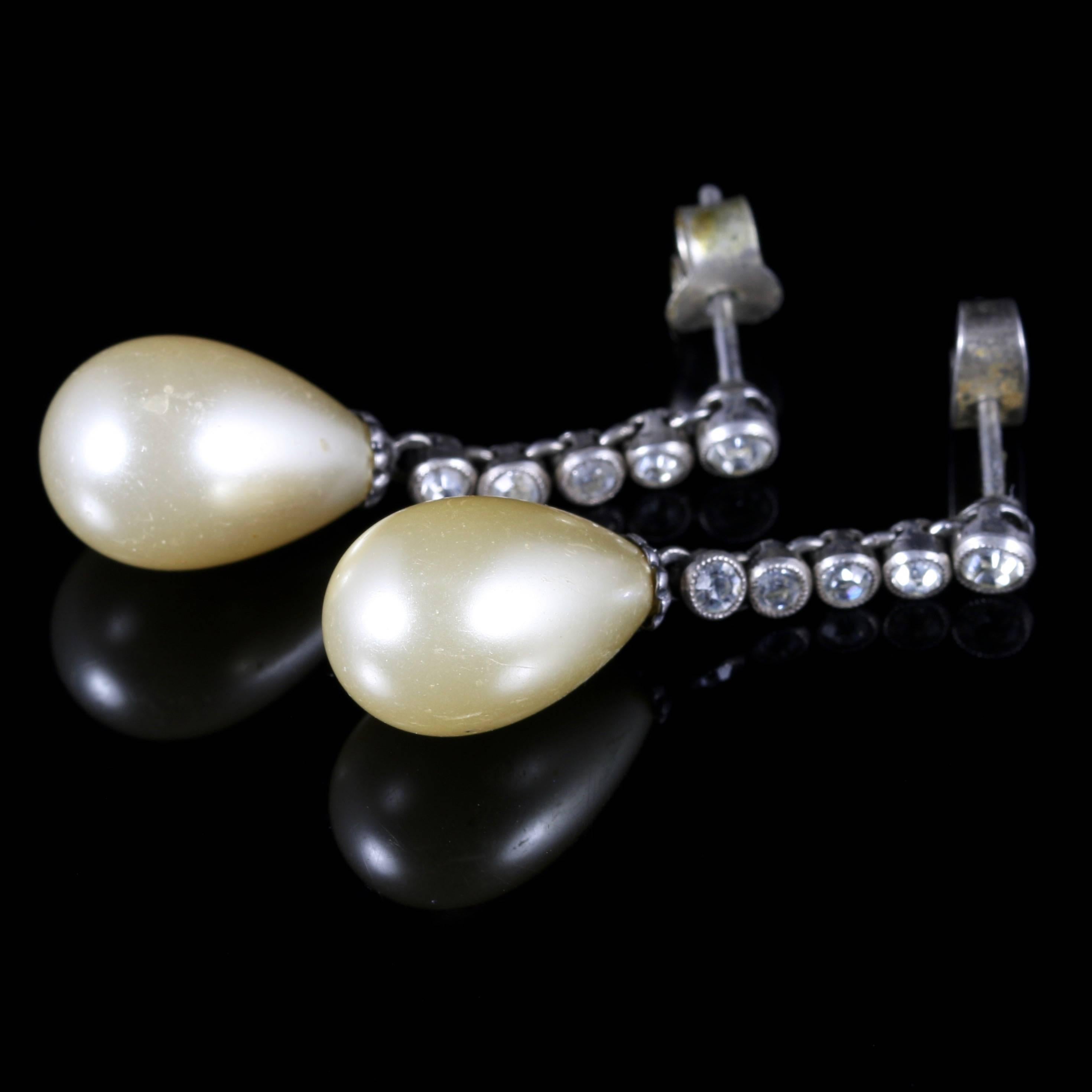 Women's Antique Art Deco Long Silver Paste Pearl Earrings