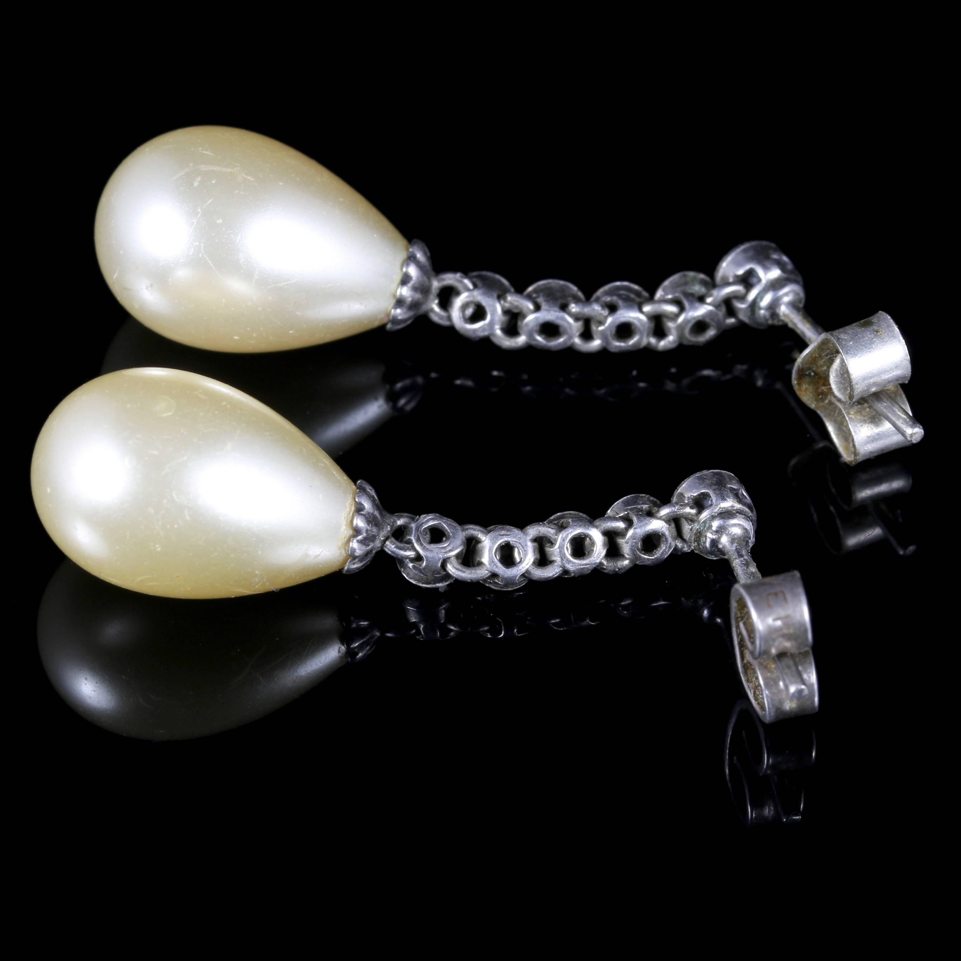 Antique Art Deco Long Silver Paste Pearl Earrings 1