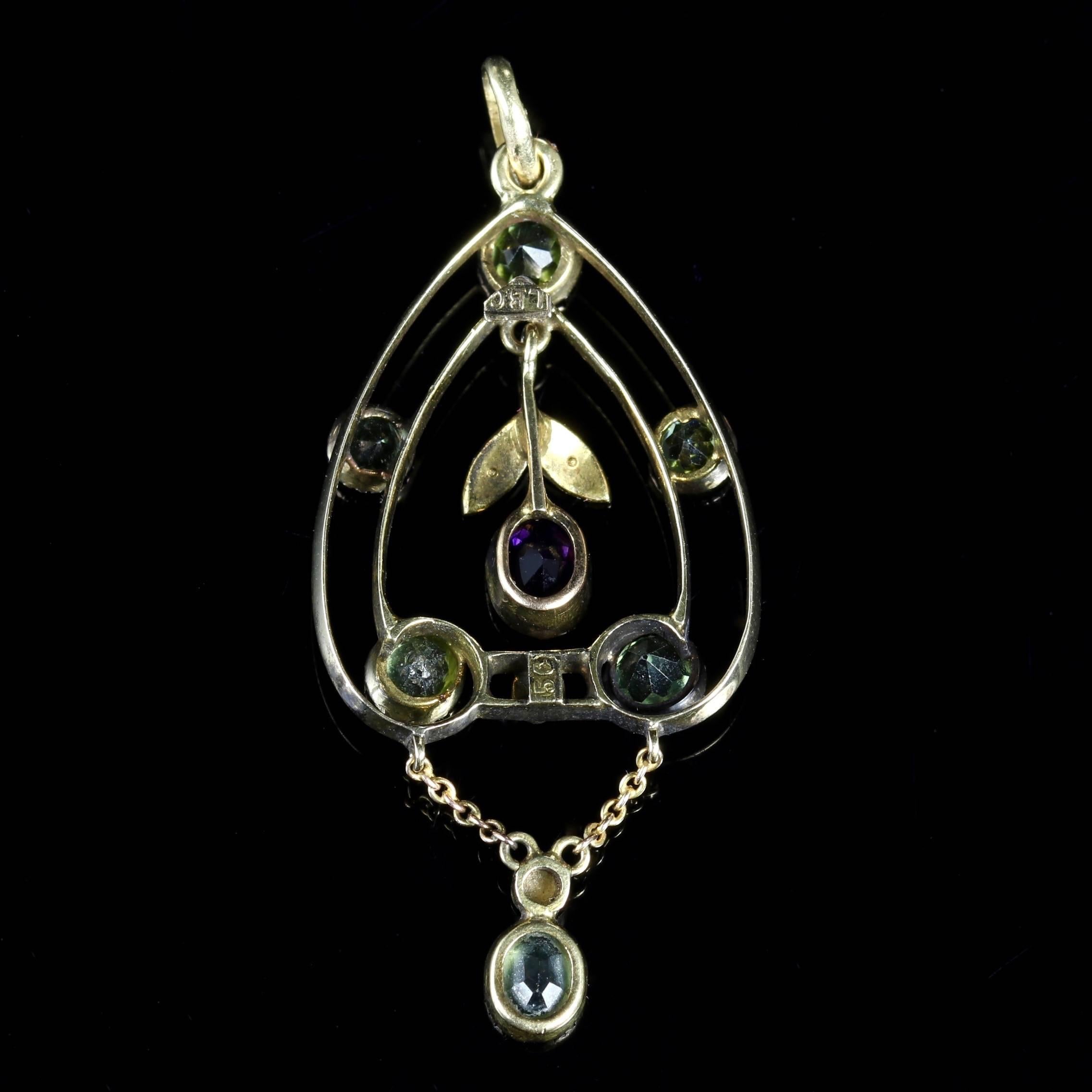 This fabulous 15ct Yellow Gold Suffragette pendant is genuine Victorian, Circa 1900. 

The beautiful pendant is adorned with Pearls a Peridot dropper and a central Purple Amethyst displaying the Suffragette colours.  

Suffragettes liked to be