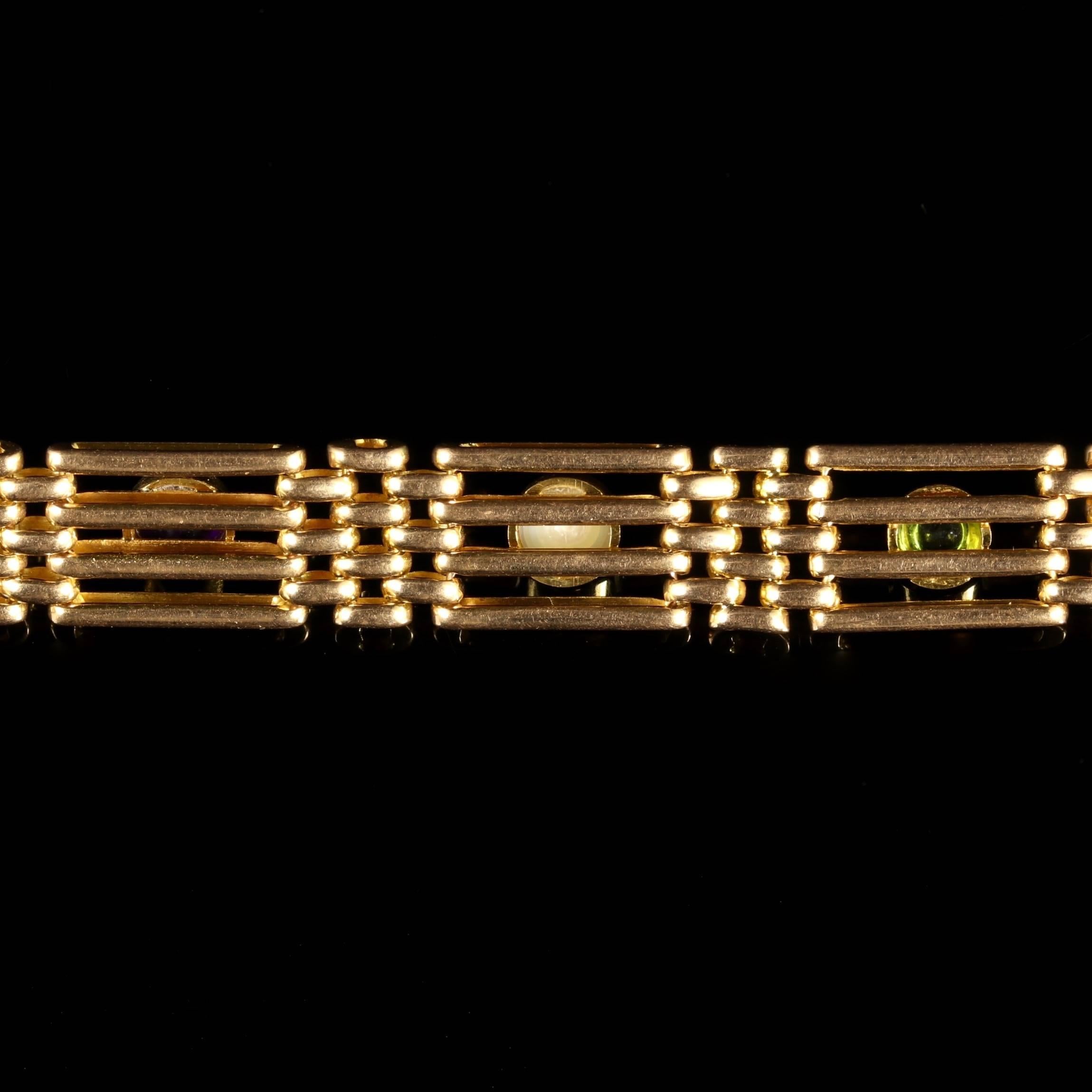 This genuine Victorian solid 15ct Gold Suffragette bracelet is Circa 1900.

Each detailed link is adorned with beautiful Peridots, Pearls and Amethyst’s. 

Suffragettes liked to be depicted as feminine, their jewellery was chosen to counter the