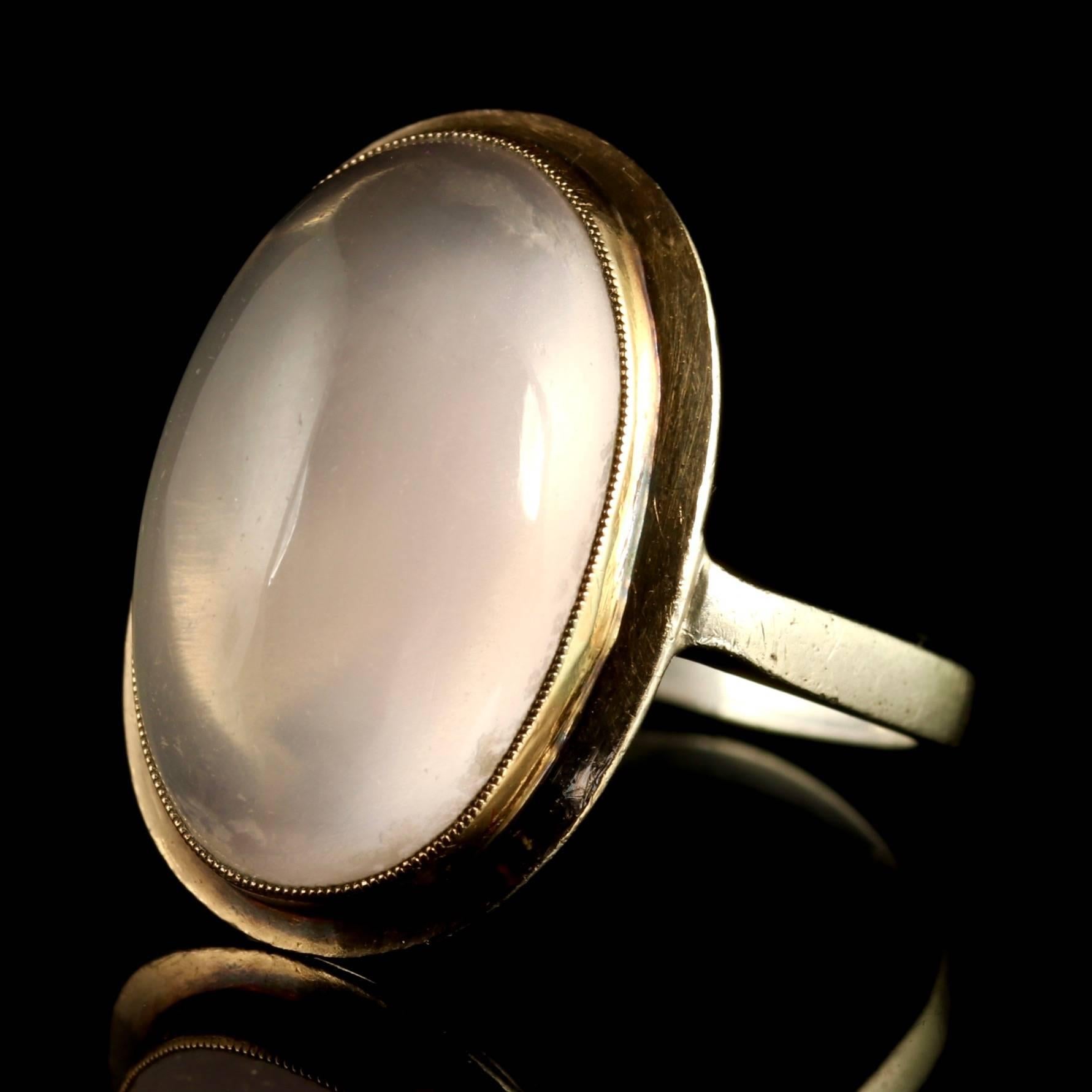 This fabulous 9ct Yellow Gold ring is Victorian and boasts a 20ct natural Moonstone.

The beautiful Cabochon Moonstone is all original to the gallery.

The beautiful Moonstone has a lovely ghostly hue, Moonstone has been a tangible connection to the
