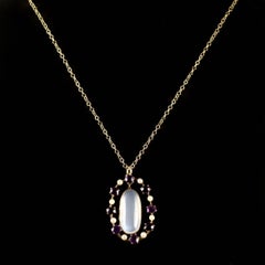 Antique Victorian Moonstone Amethyst Pendant Necklace Gold, circa 1900