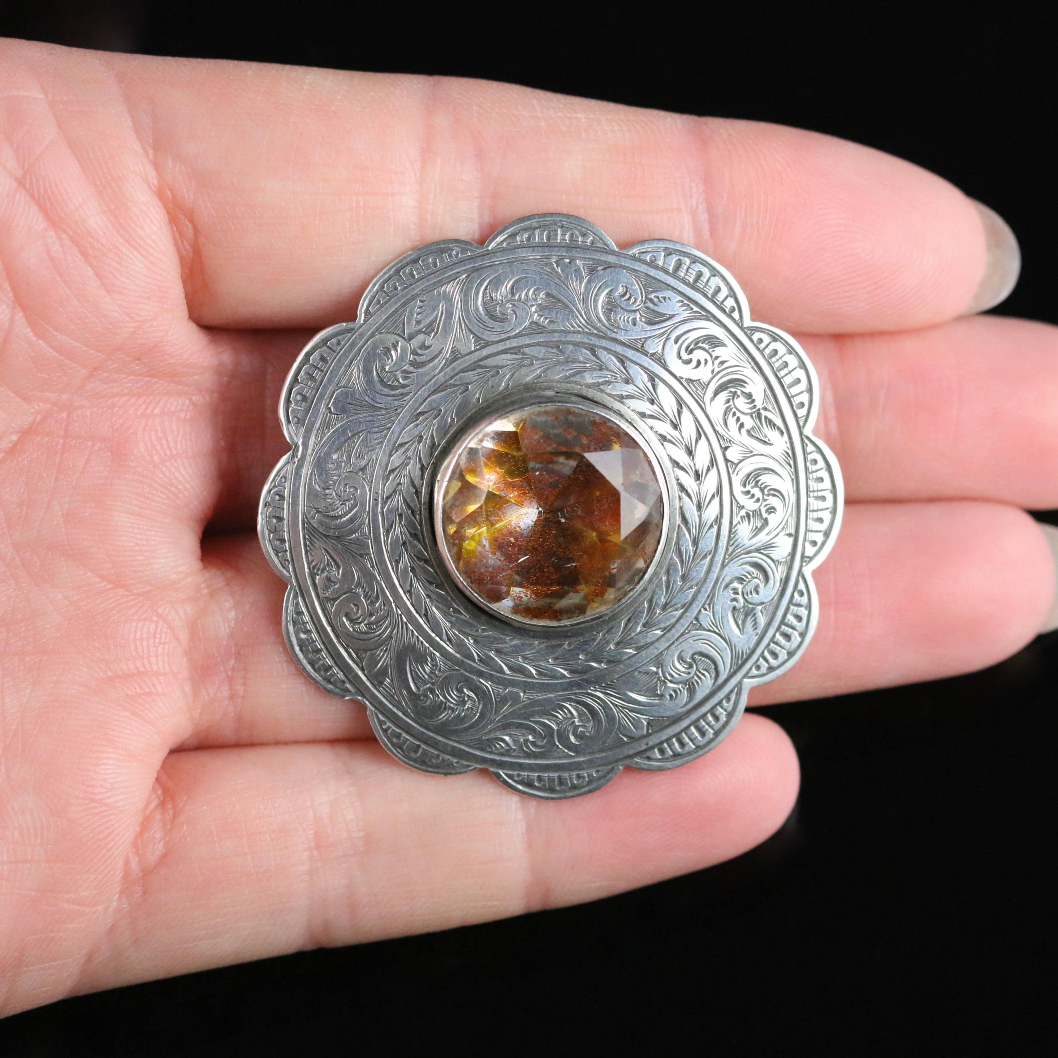 Antique Scottish Silver Round Thistle Citrine Brooch, circa 1860 In Excellent Condition In Lancaster, Lancashire